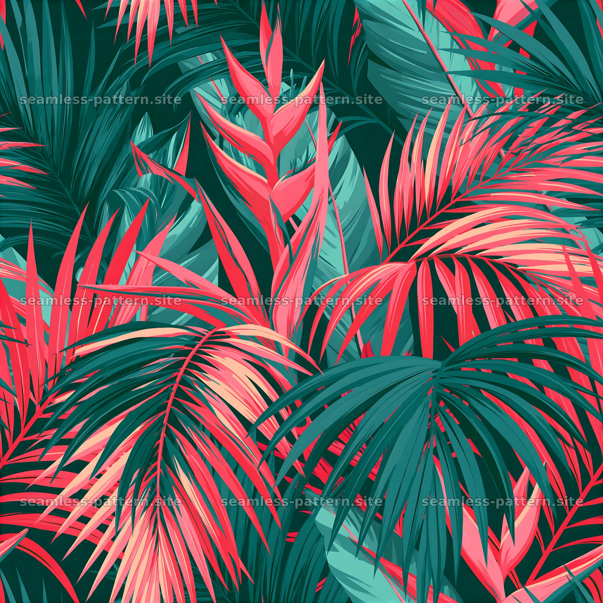Colorful tropical leaves in a seamless pattern design — seamless tileable pattern at 8192x8192