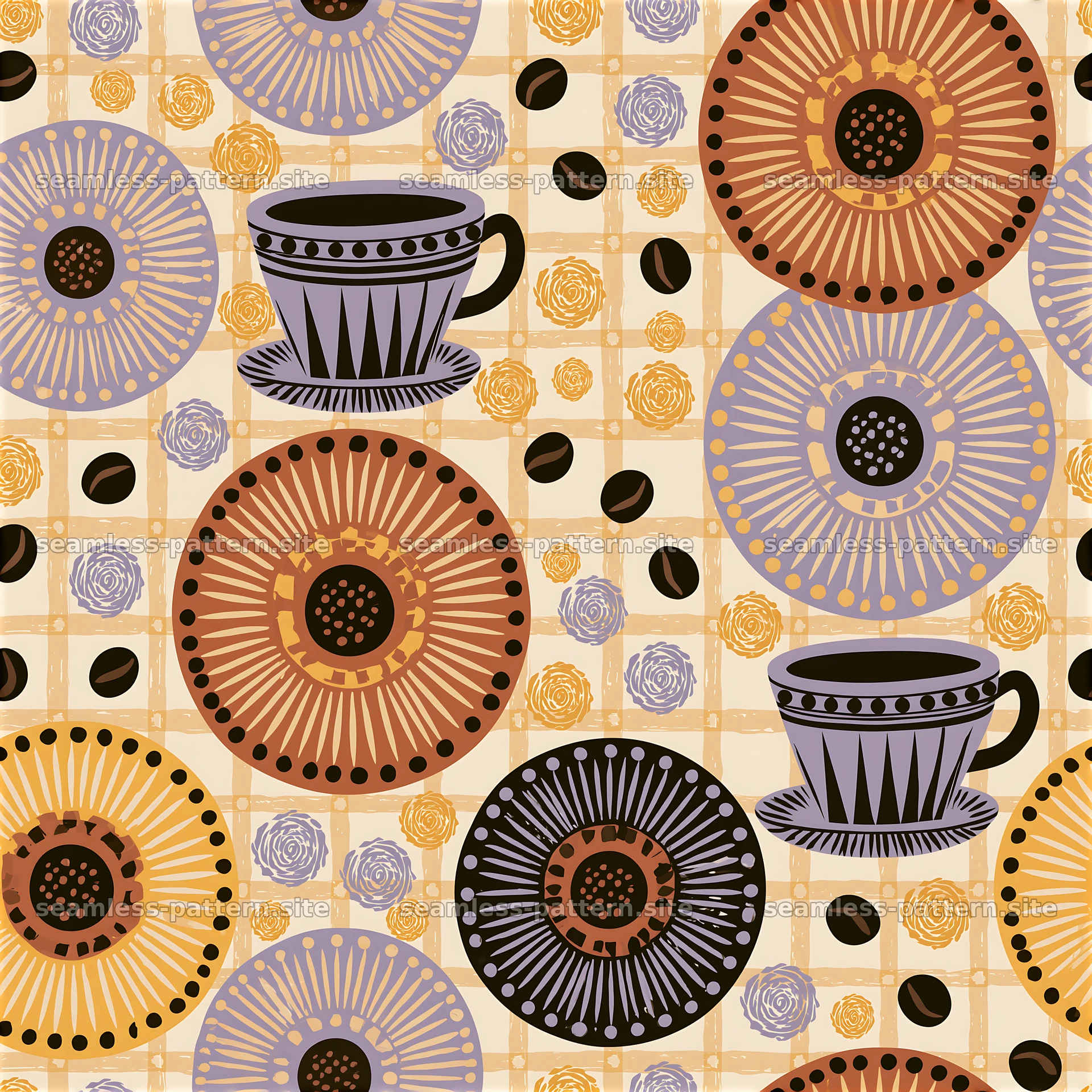 Seamless coffee boho pattern with cups and floral elements — seamless tileable pattern at 8192x8192