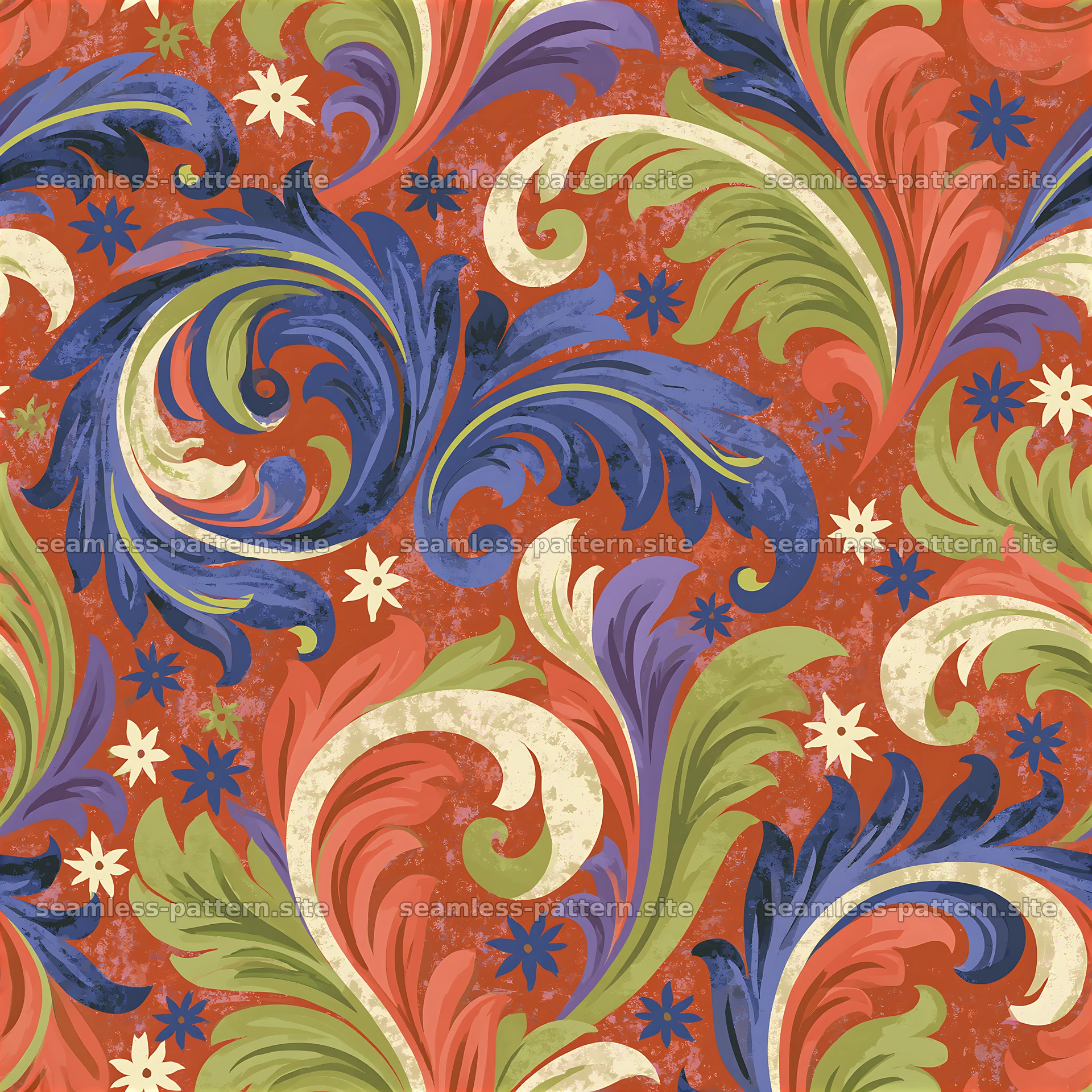Colorful damask seamless pattern with swirling floral motifs — seamless tileable pattern at 8192x8192