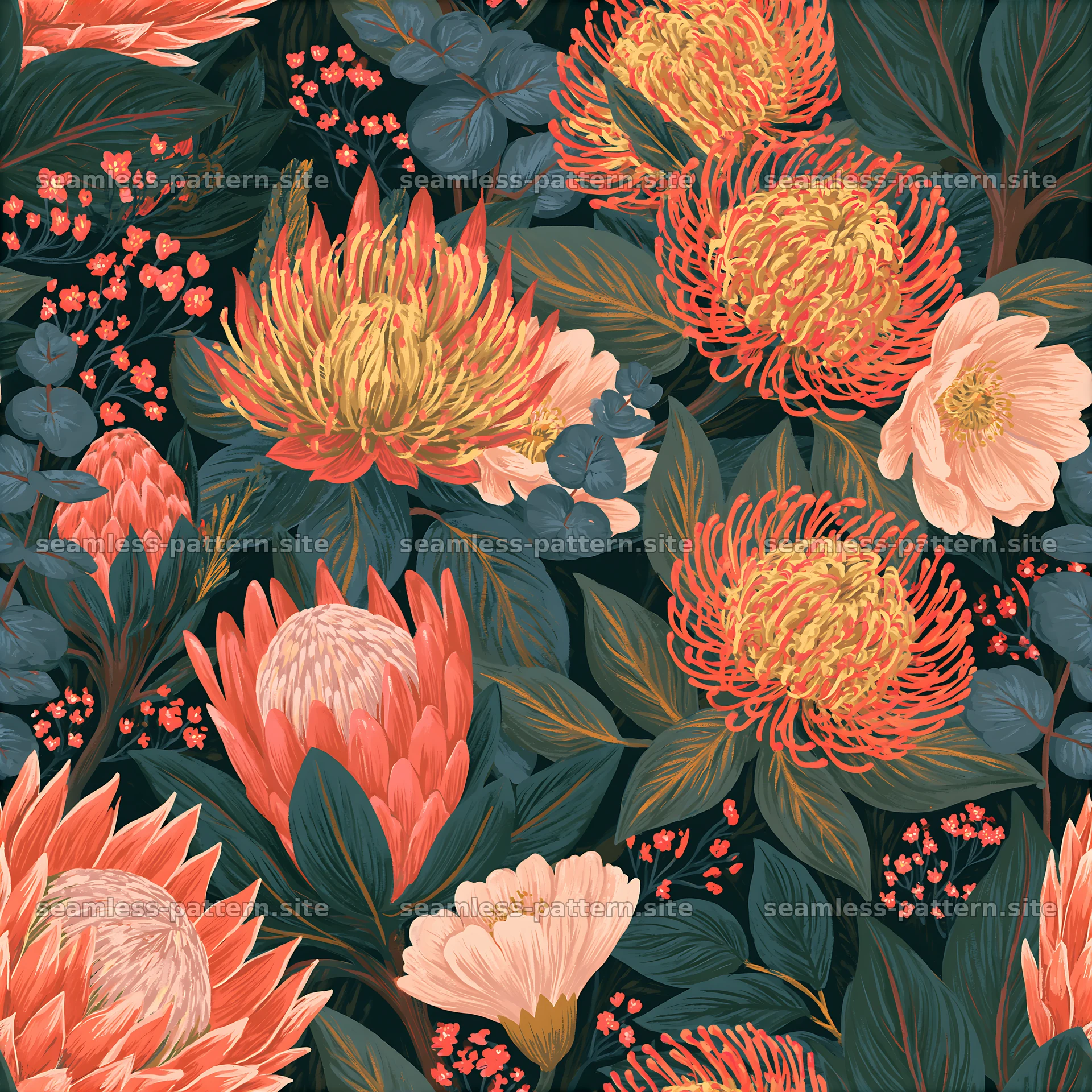 Bold floral seamless pattern featuring colorful blooms and dark leaves — seamless tileable pattern at 8192x8192