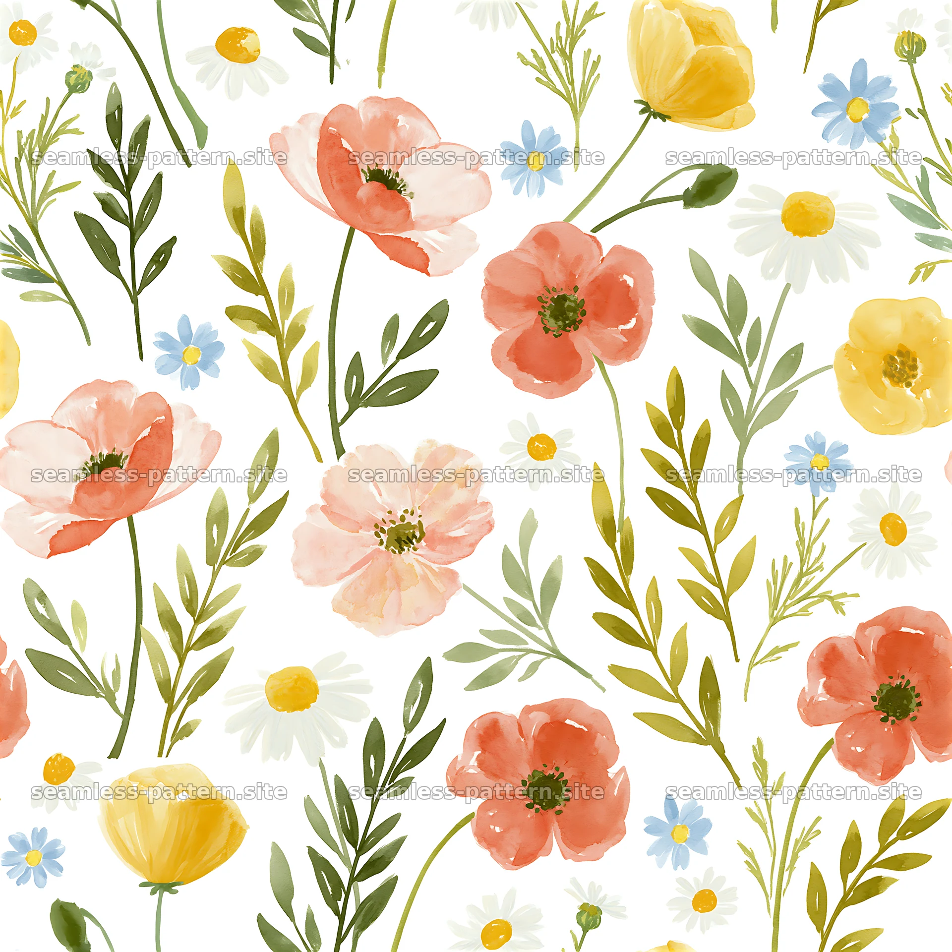 Vintage floral repeat pattern with colorful flowers and green foliage — seamless tileable pattern at 8192x8192