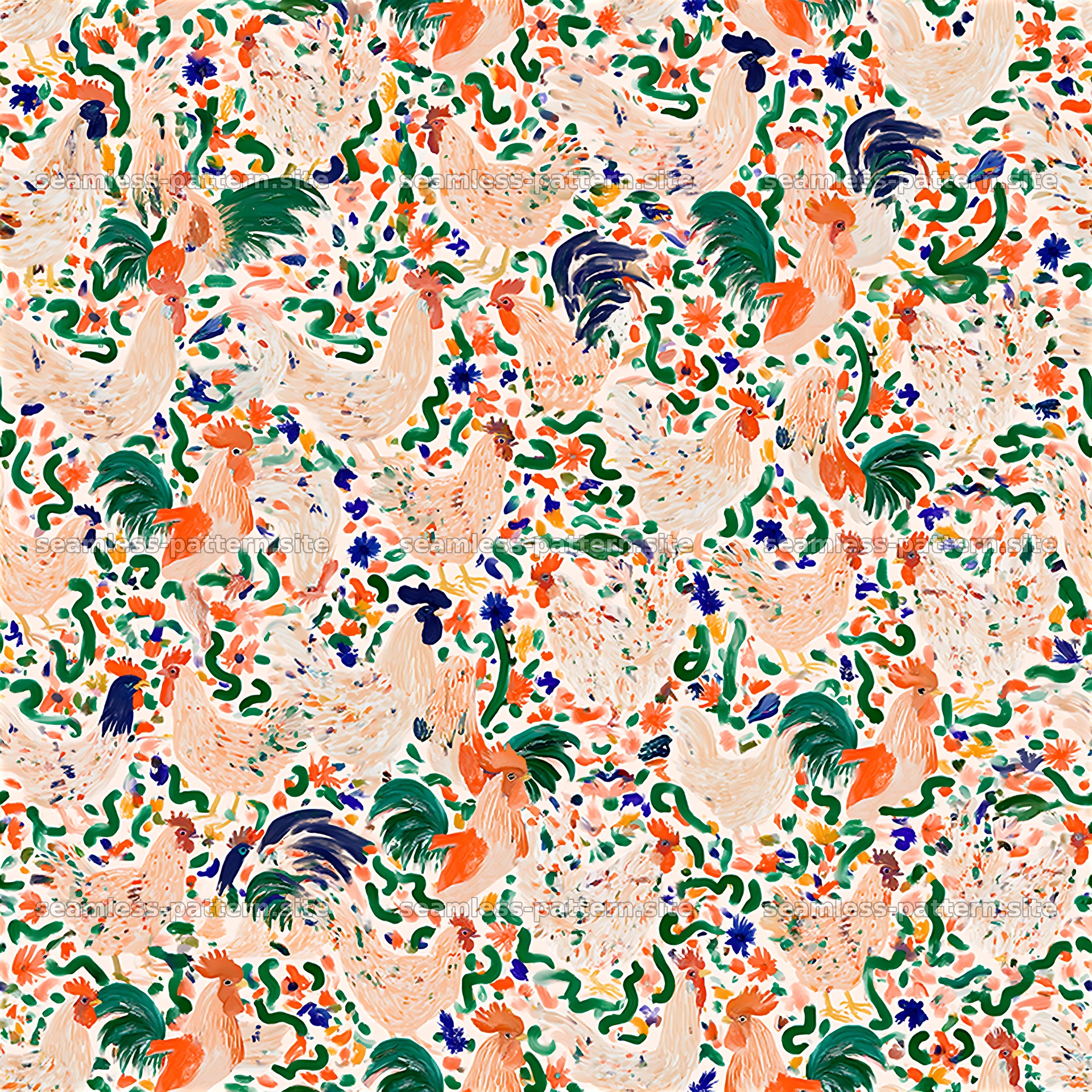 Colorful Folk Art Rooster and Floral Seamless Pattern — seamless tileable pattern at 8192x8192