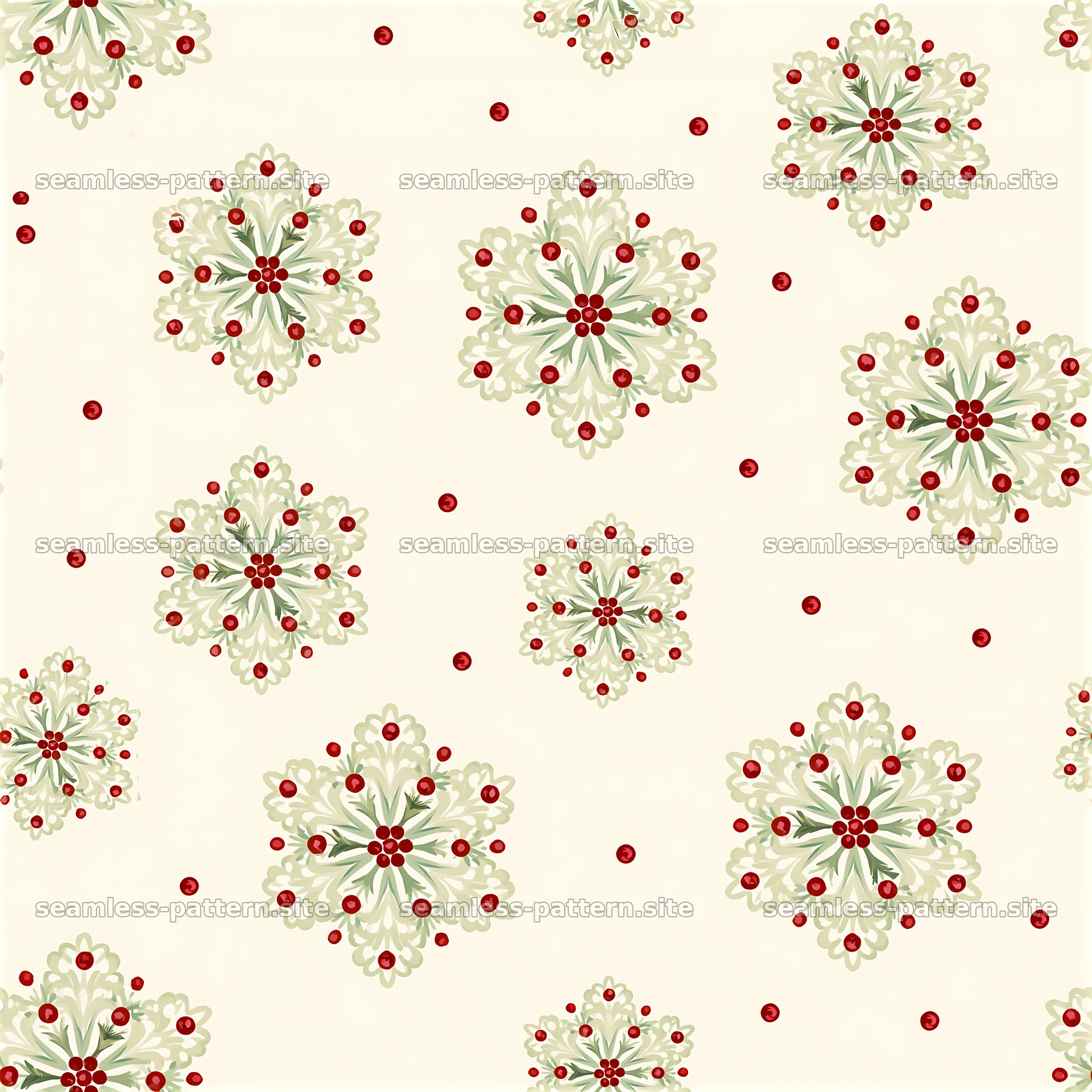 Snowflake pattern with red and green on a light background — seamless tileable pattern at 8192x8192