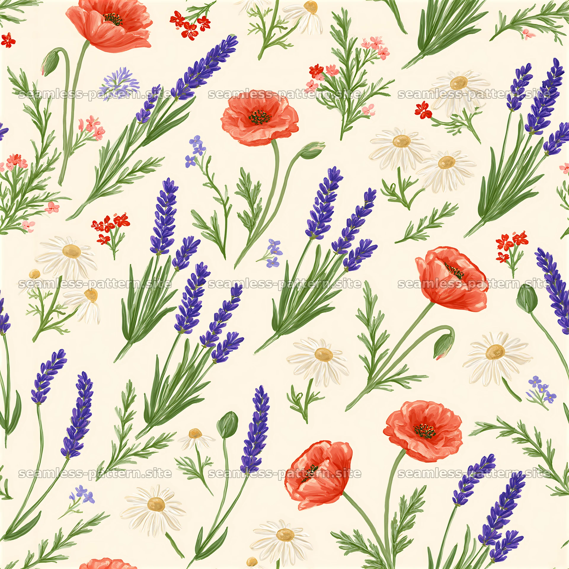 Colorful hand painted seamless pattern of flowers and greenery — seamless tileable pattern at 8192x8192