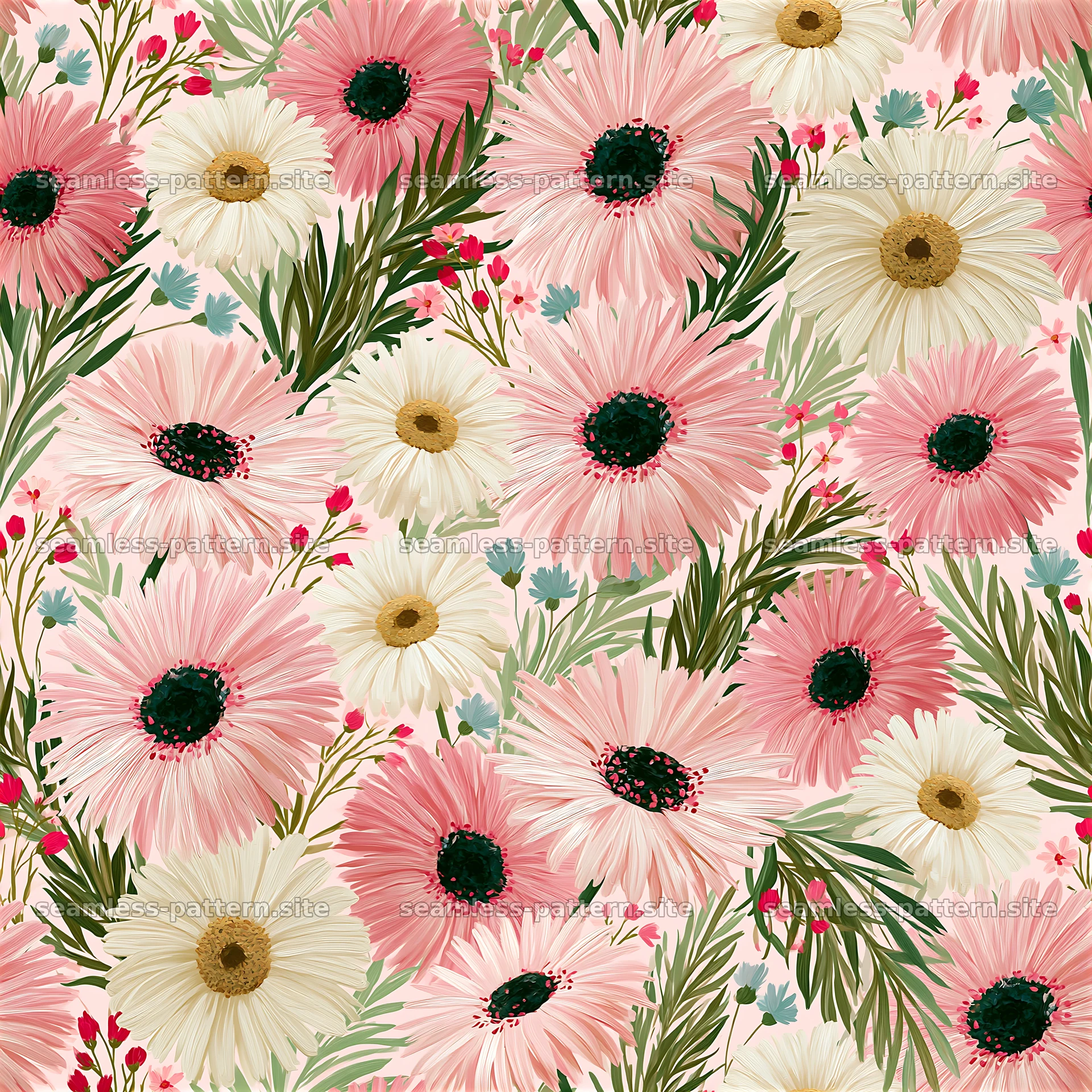 Colorful floral seamless pattern with daisies and greenery — seamless tileable pattern at 8192x8192
