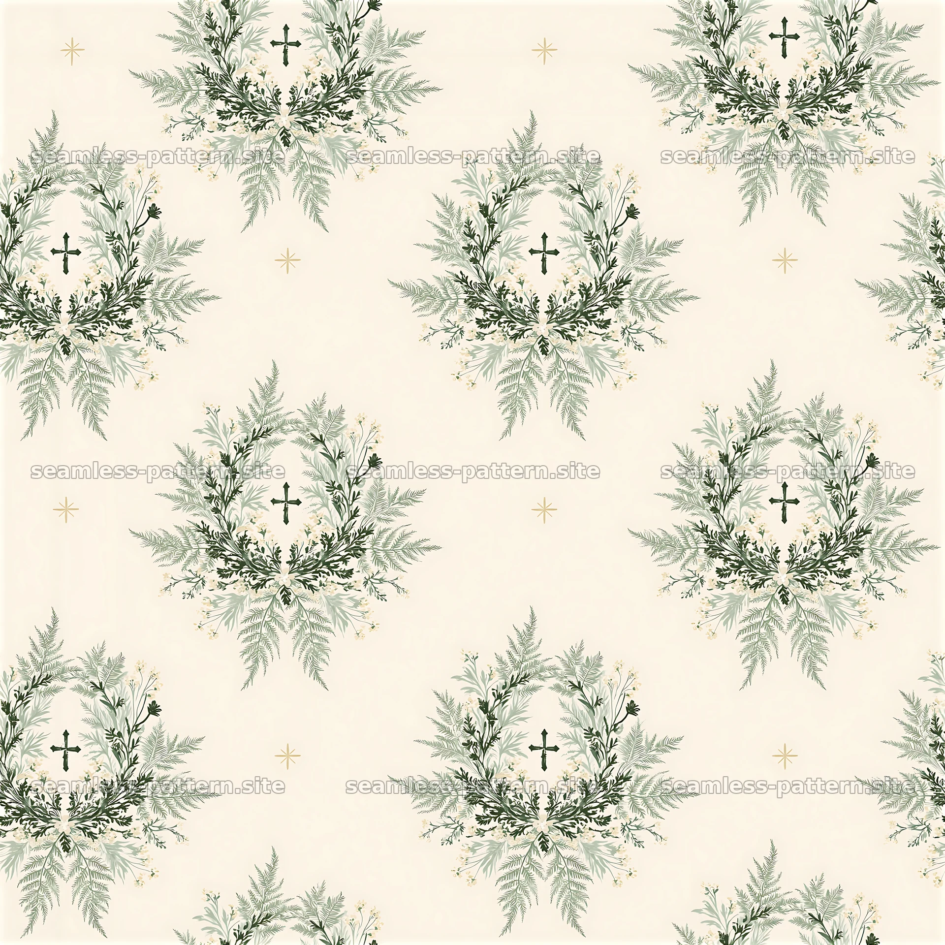 Repeating pattern of botanical wreaths surrounding small crosses — seamless tileable pattern at 8192x8192