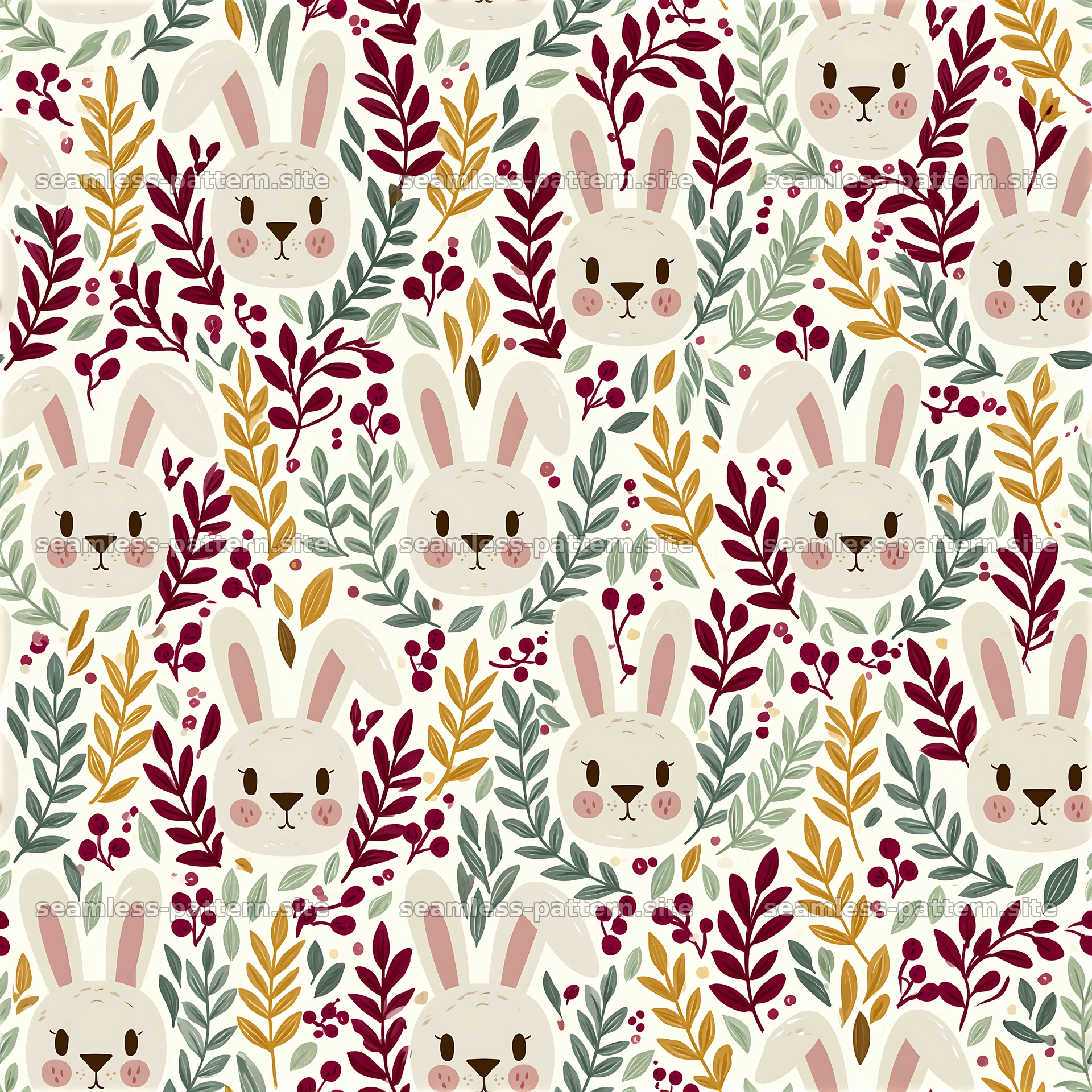 cute bunny faces seamless pattern with floral elements — seamless tileable pattern at 8192x8192