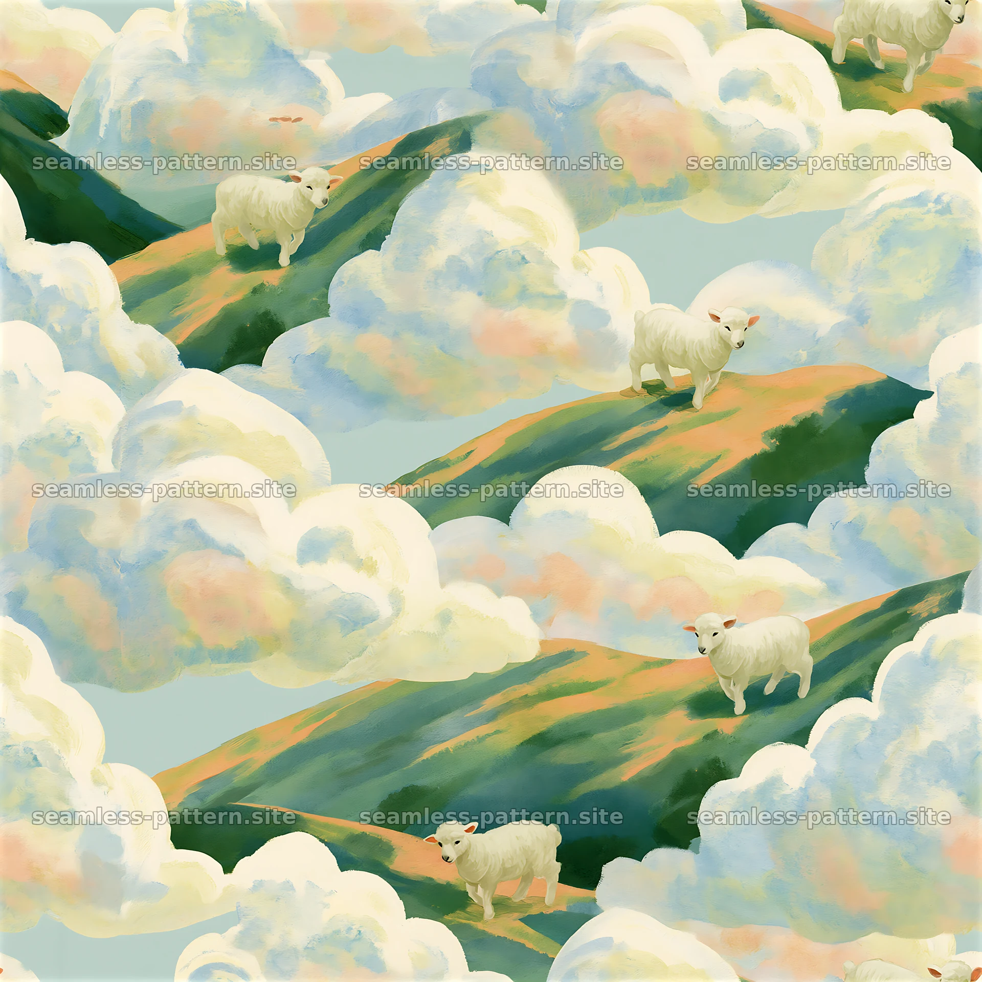 Seamless pattern of lambs, clouds and soft watercolor landscapes with — seamless tileable pattern at 8192x8192