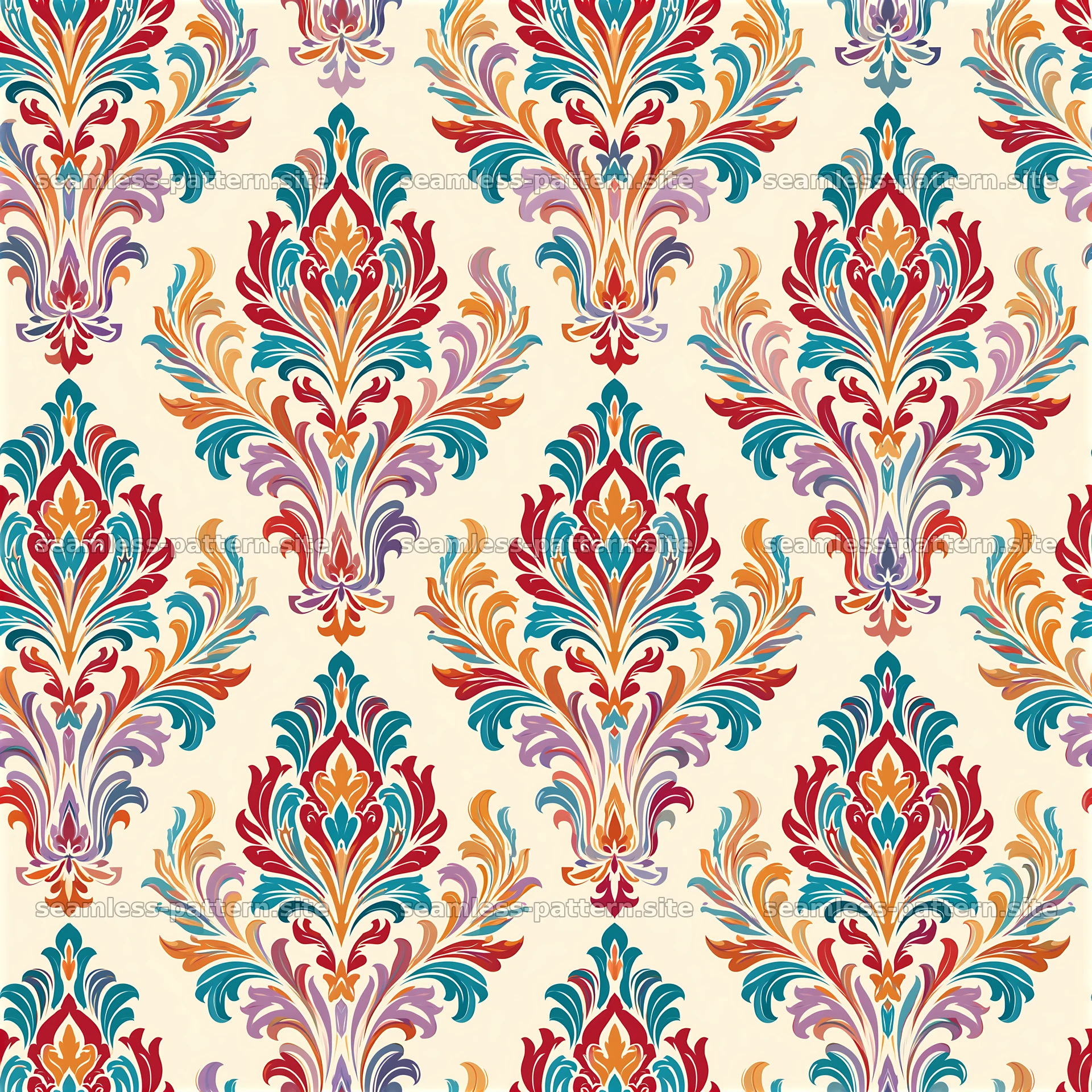 Colorful damask seamless pattern with intricate floral motifs — seamless tileable pattern at 8192x8192