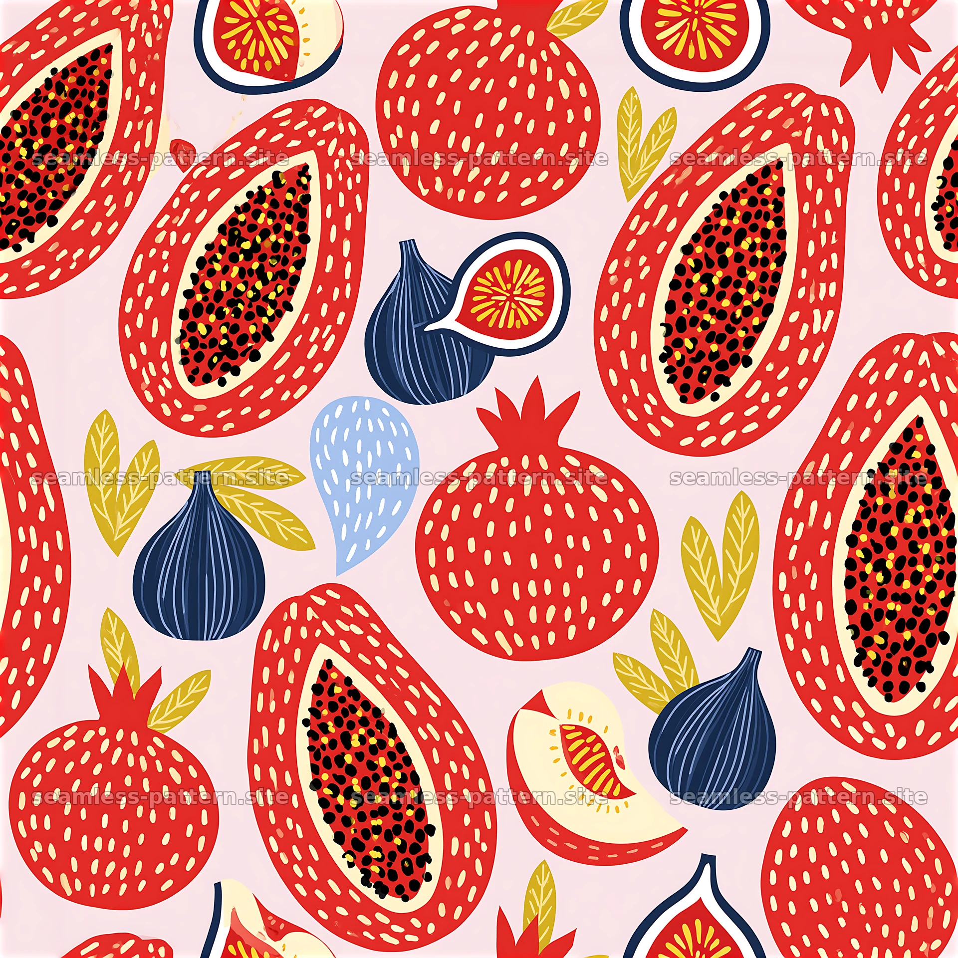 Colorful fruit seamless pattern with various fruit shapes and leaves — seamless tileable pattern at 8192x8192