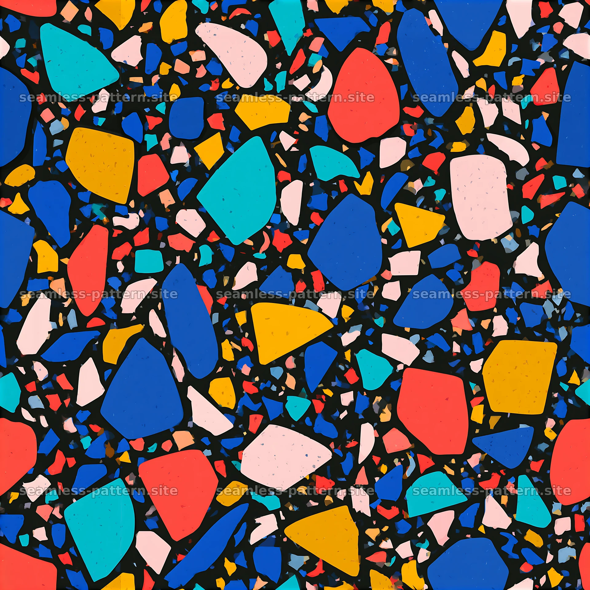 Colorful terrazzo pieces in random shapes on a dark background — seamless tileable pattern at 8192x8192