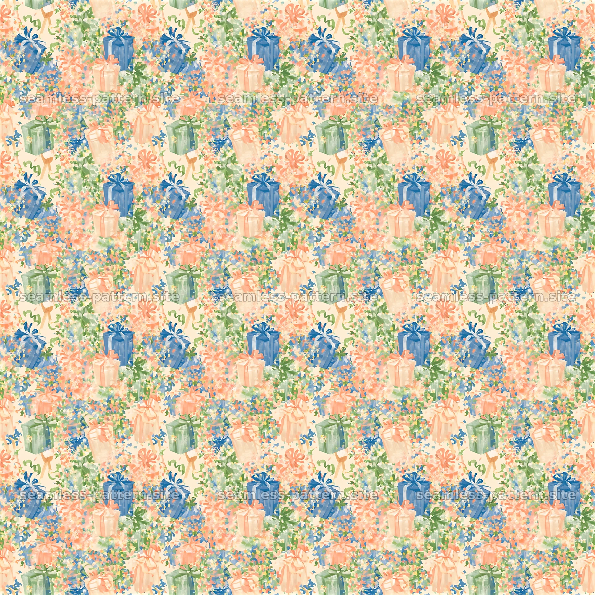 Colorful gift boxes with floral elements in a seamless pattern — seamless tileable pattern at 8192x8192