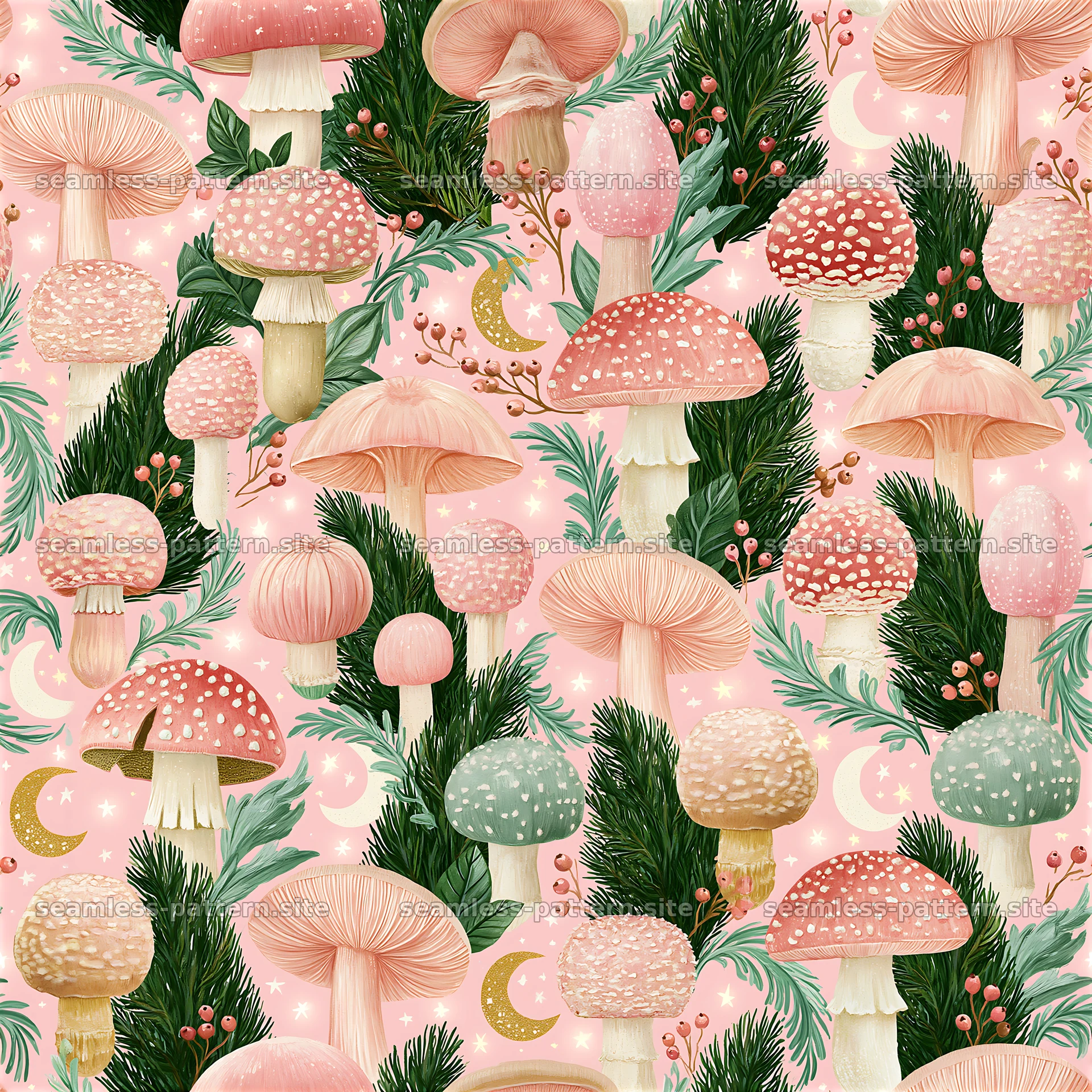 Mushrooms and foliage create a colorful seamless pattern — seamless tileable pattern at 8192x8192