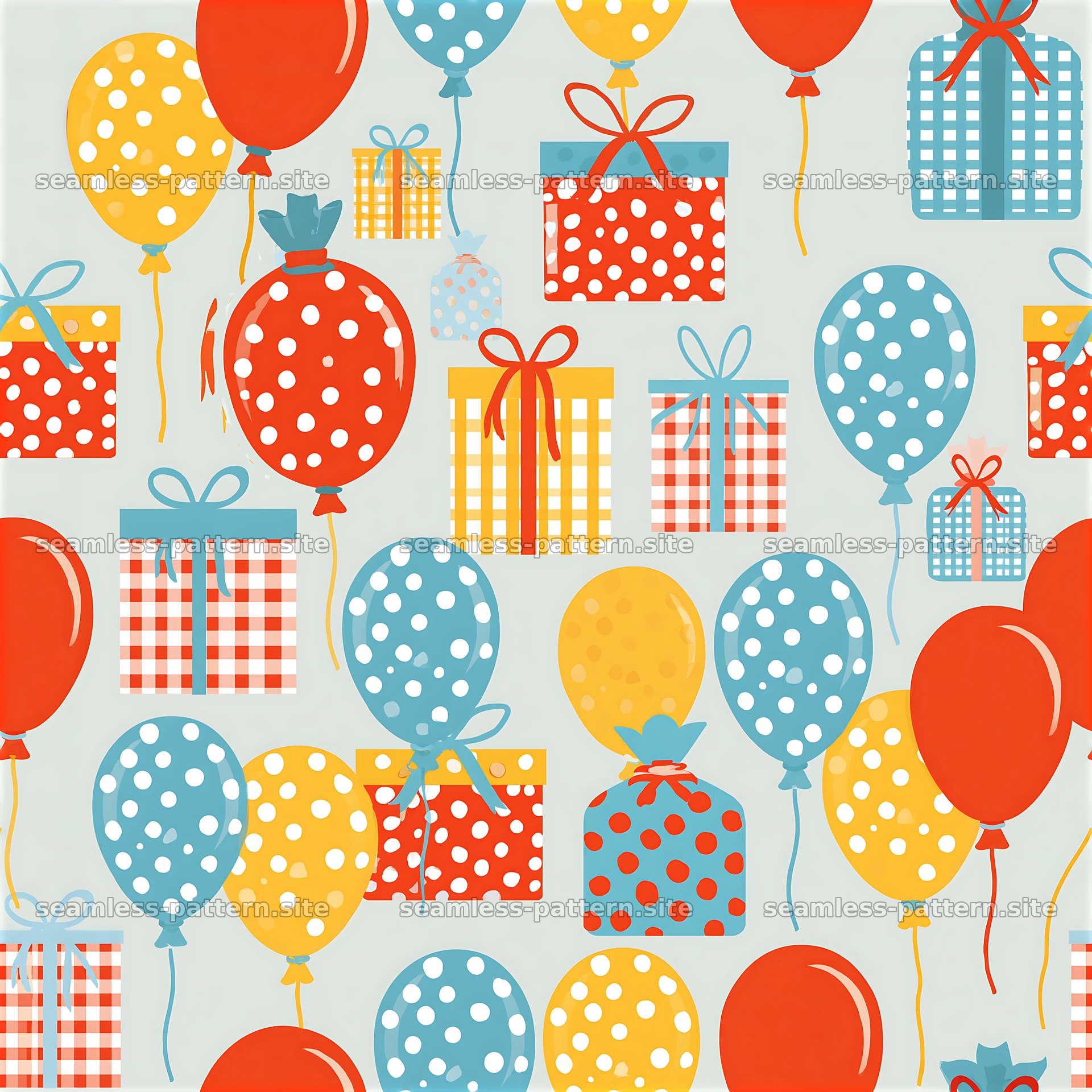 Colorful seamless pattern with balloons and gifts — seamless tileable pattern at 8192x8192