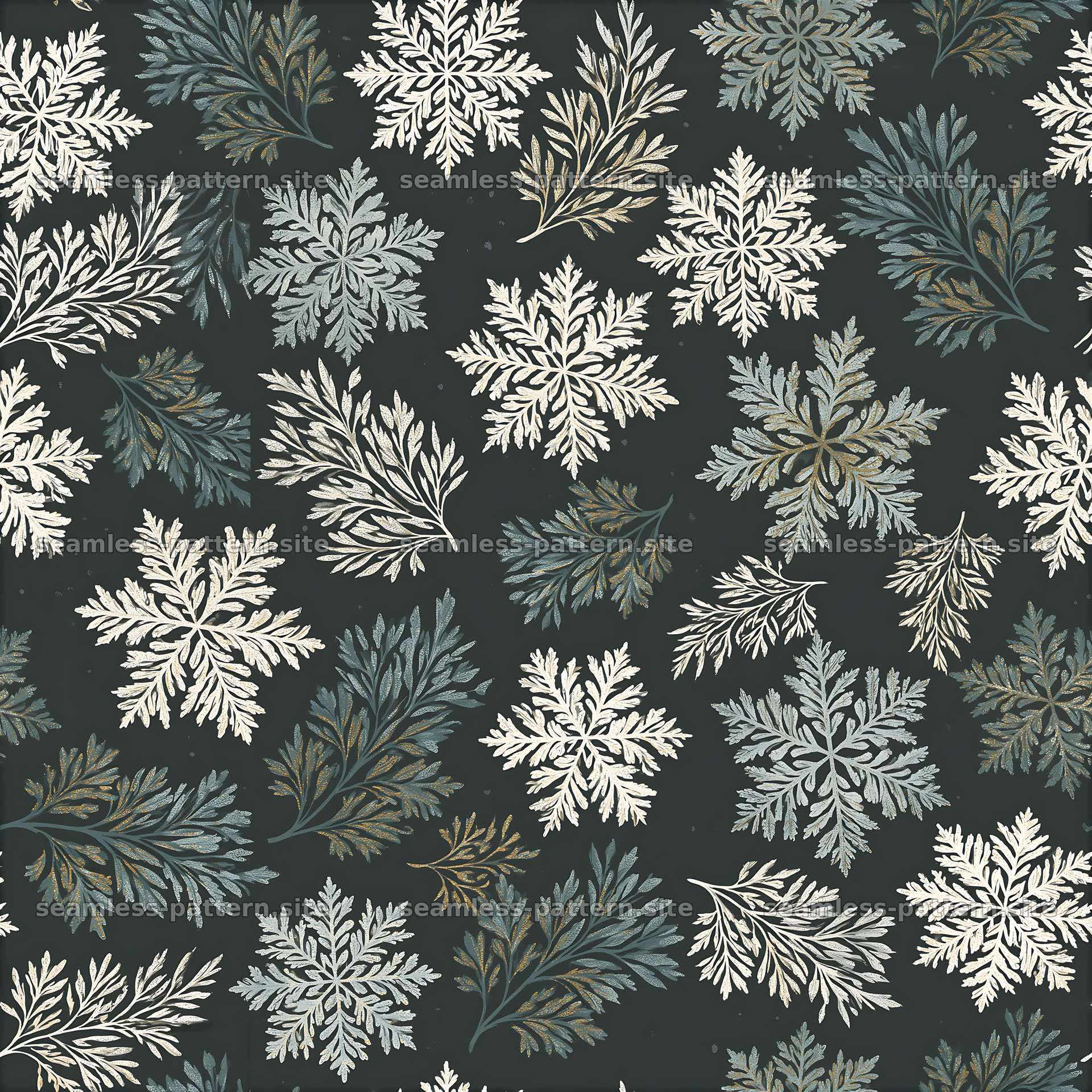 Repeating snowflake pattern with leaves in a seamless pattern design — seamless tileable pattern at 8192x8192