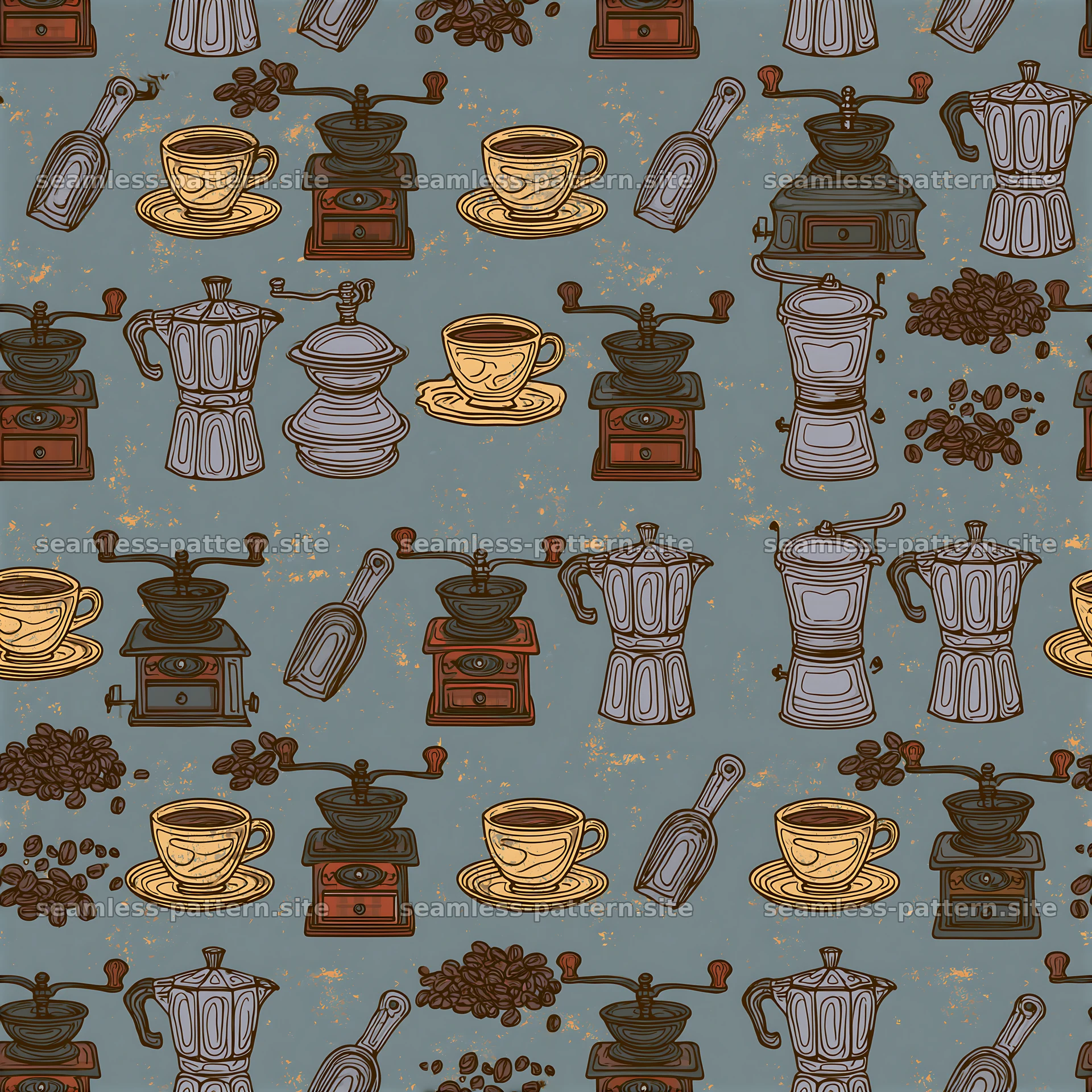 Seamless coffee line art pattern with coffee grinders and cups — seamless tileable pattern at 8192x8192