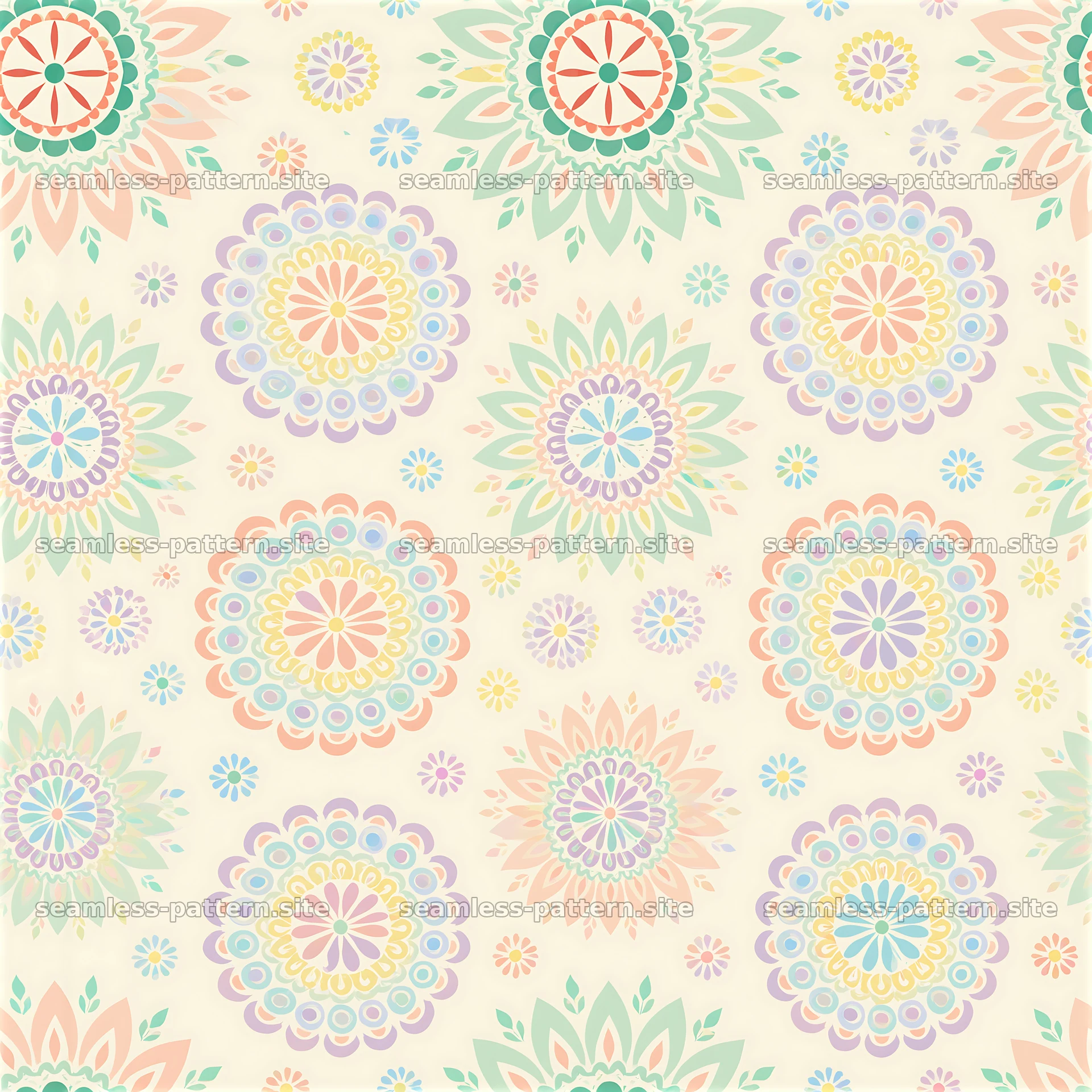 Colorful mandala pattern with floral designs on a light background — seamless tileable pattern at 8192x8192