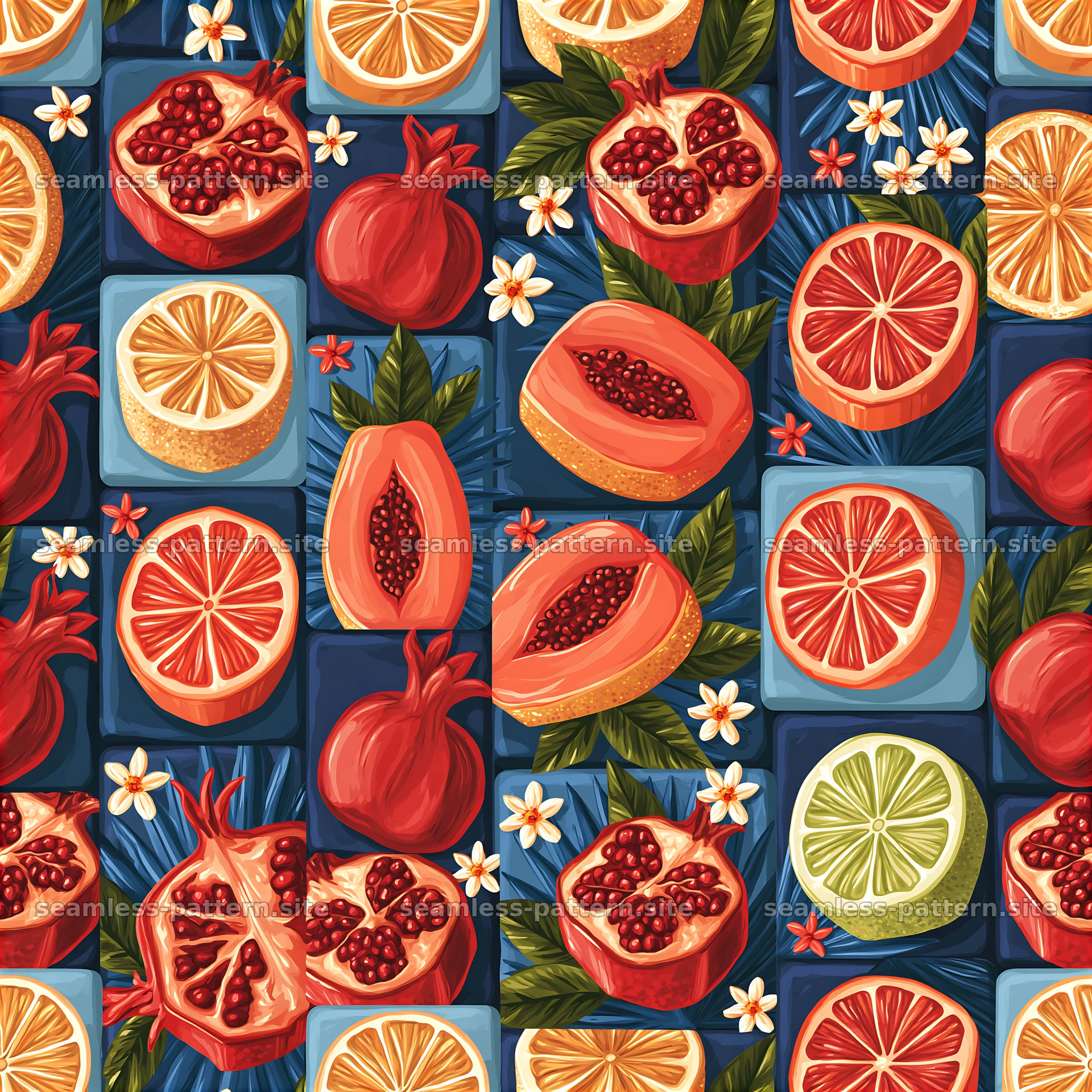 Vibrant fruit seamless pattern with tropical elements and bold colors — seamless tileable pattern at 8192x8192