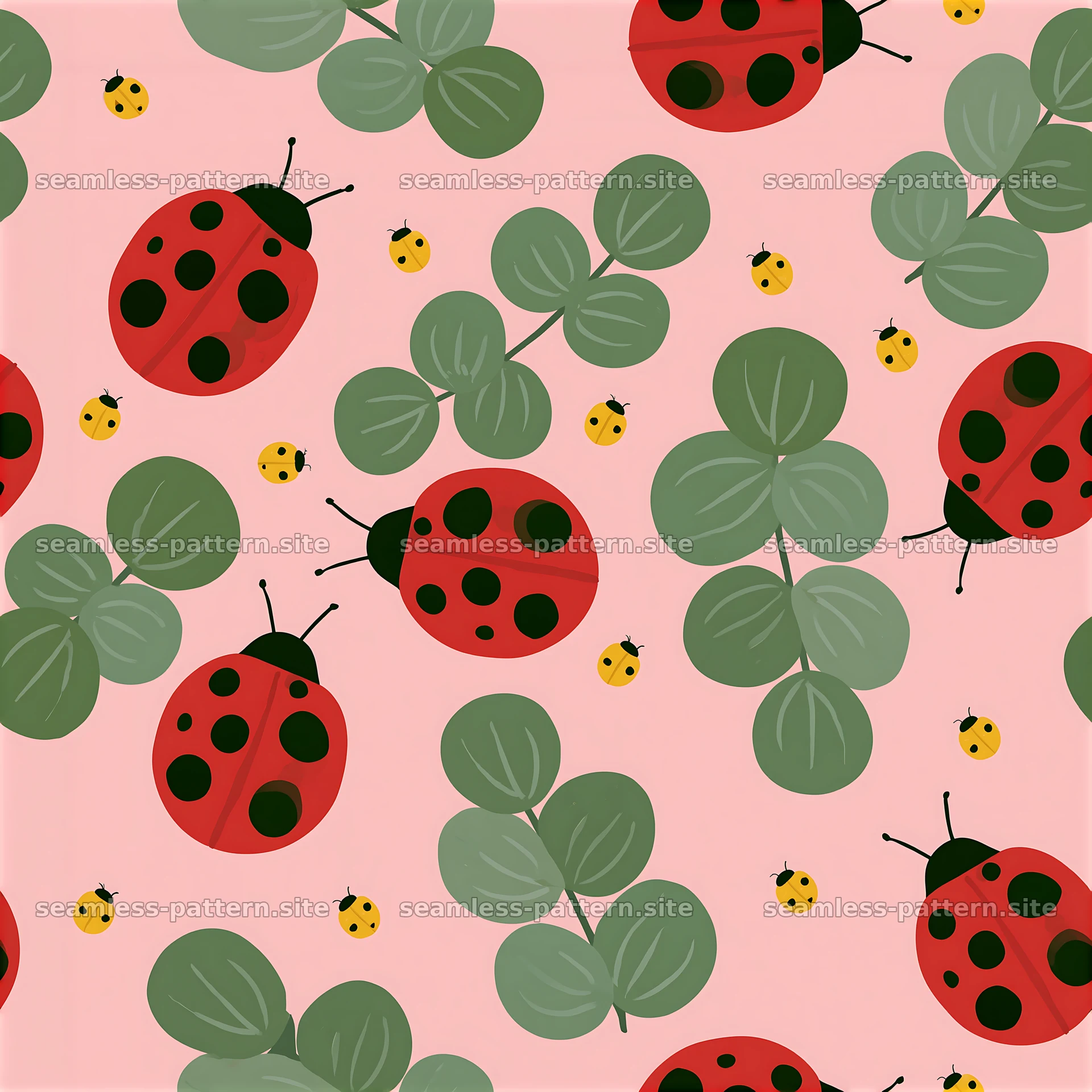 Vibrant ladybugs seamless pattern on a soft pink background — seamless tileable pattern at 8192x8192