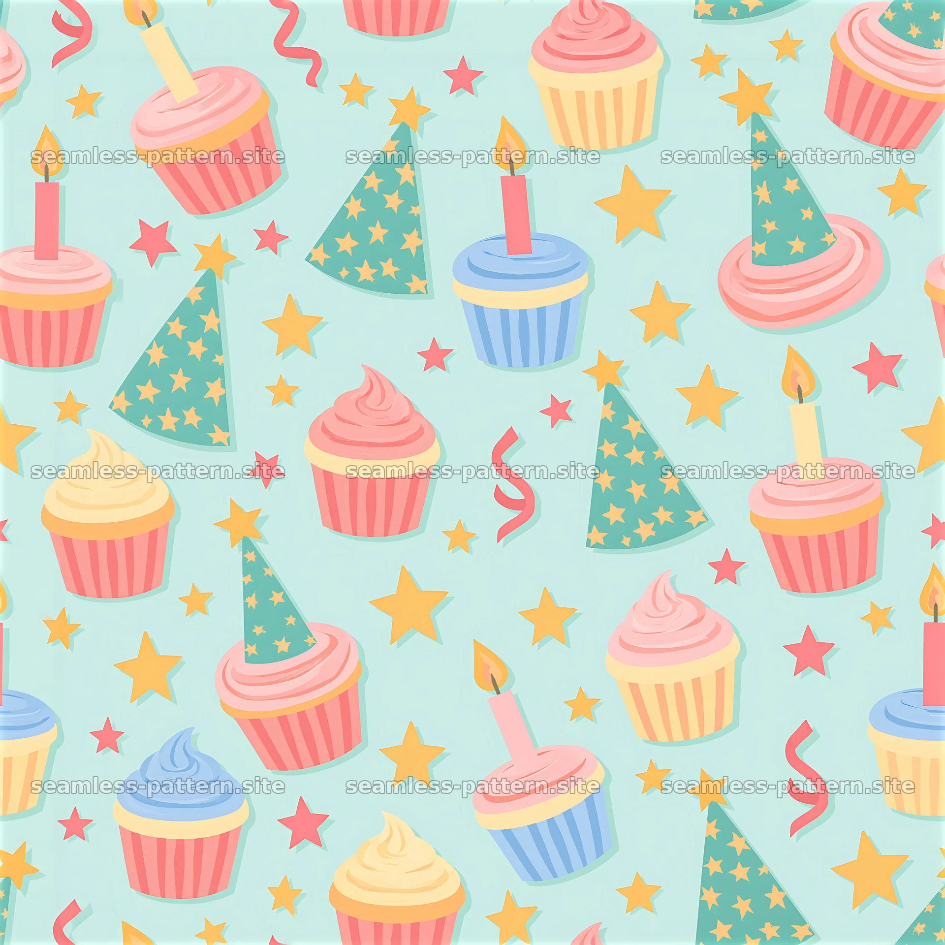 Birthday pastel seamless pattern with cupcakes and party hats — seamless tileable pattern at 8192x8192