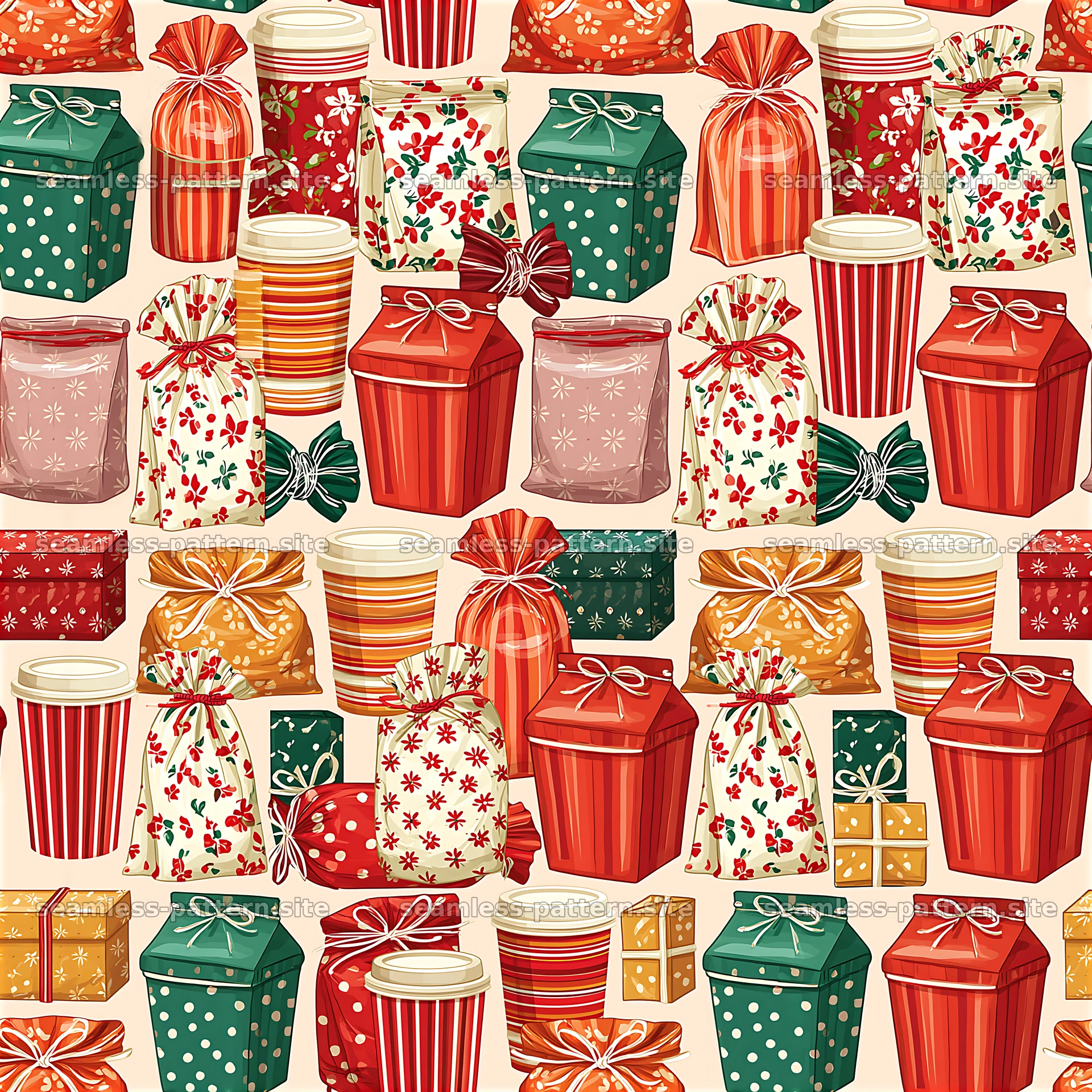 Festive packaging items with assorted colors in seamless pattern — seamless tileable pattern at 8192x8192