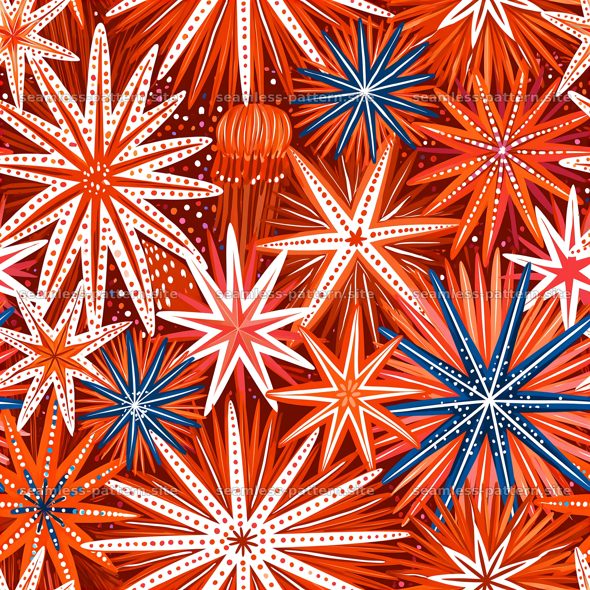 Colorful star pattern with bright motifs and bold colors — seamless tileable pattern at 8192x8192