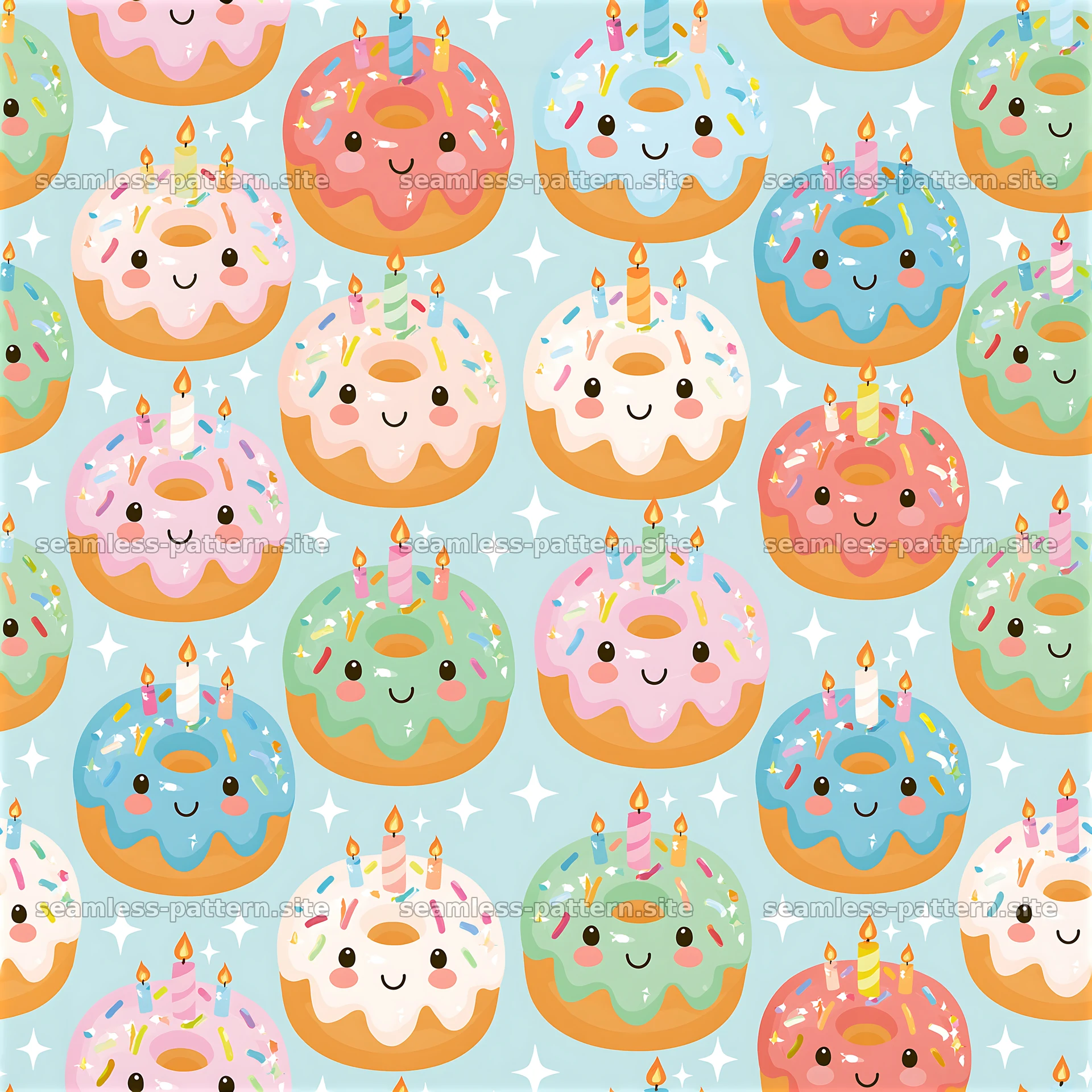 Birthday cute kawaii seamless pattern with smiling donuts and candles — seamless tileable pattern at 8192x8192