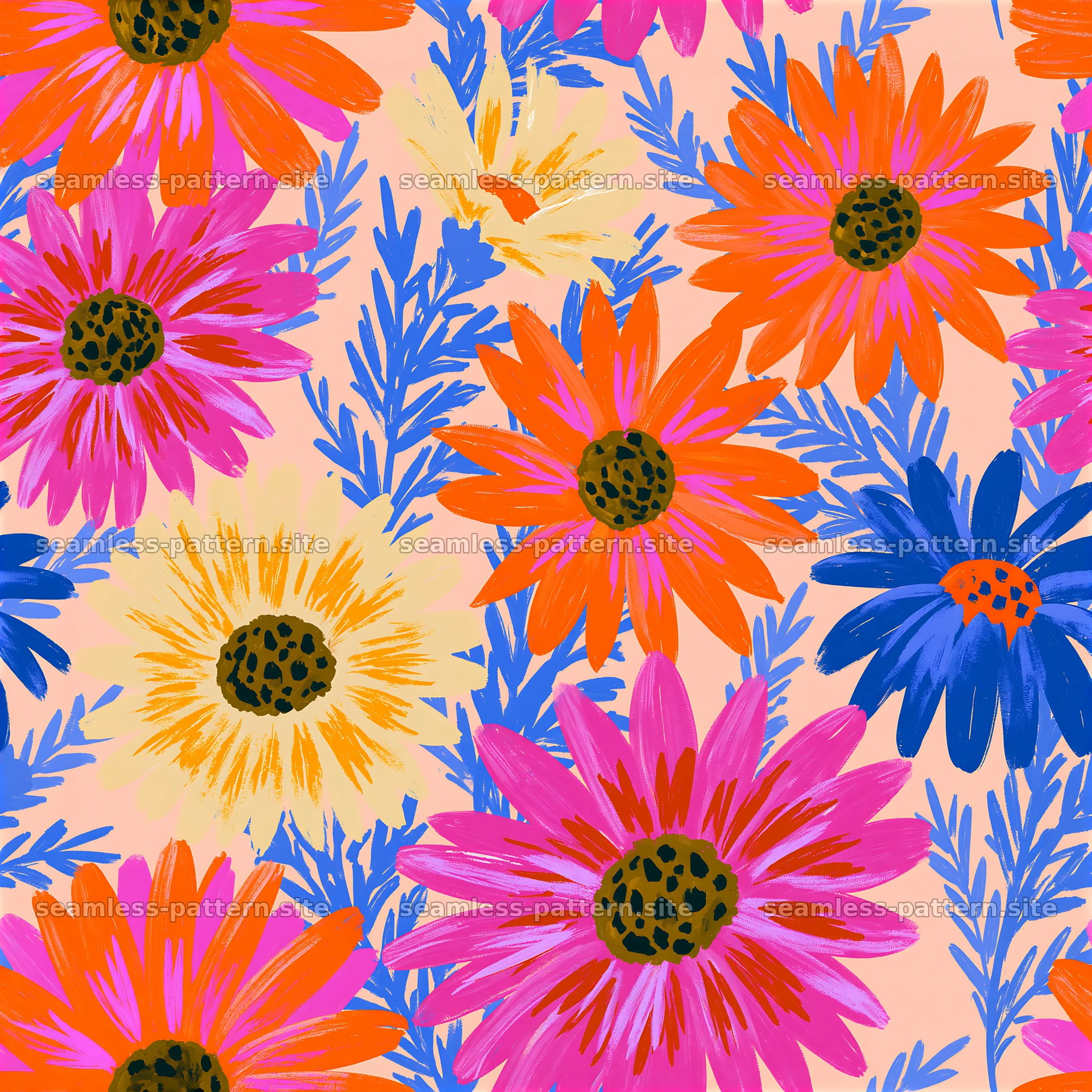 Colorful daisy seamless pattern with vibrant flowers on a light background — seamless tileable pattern at 8192x8192