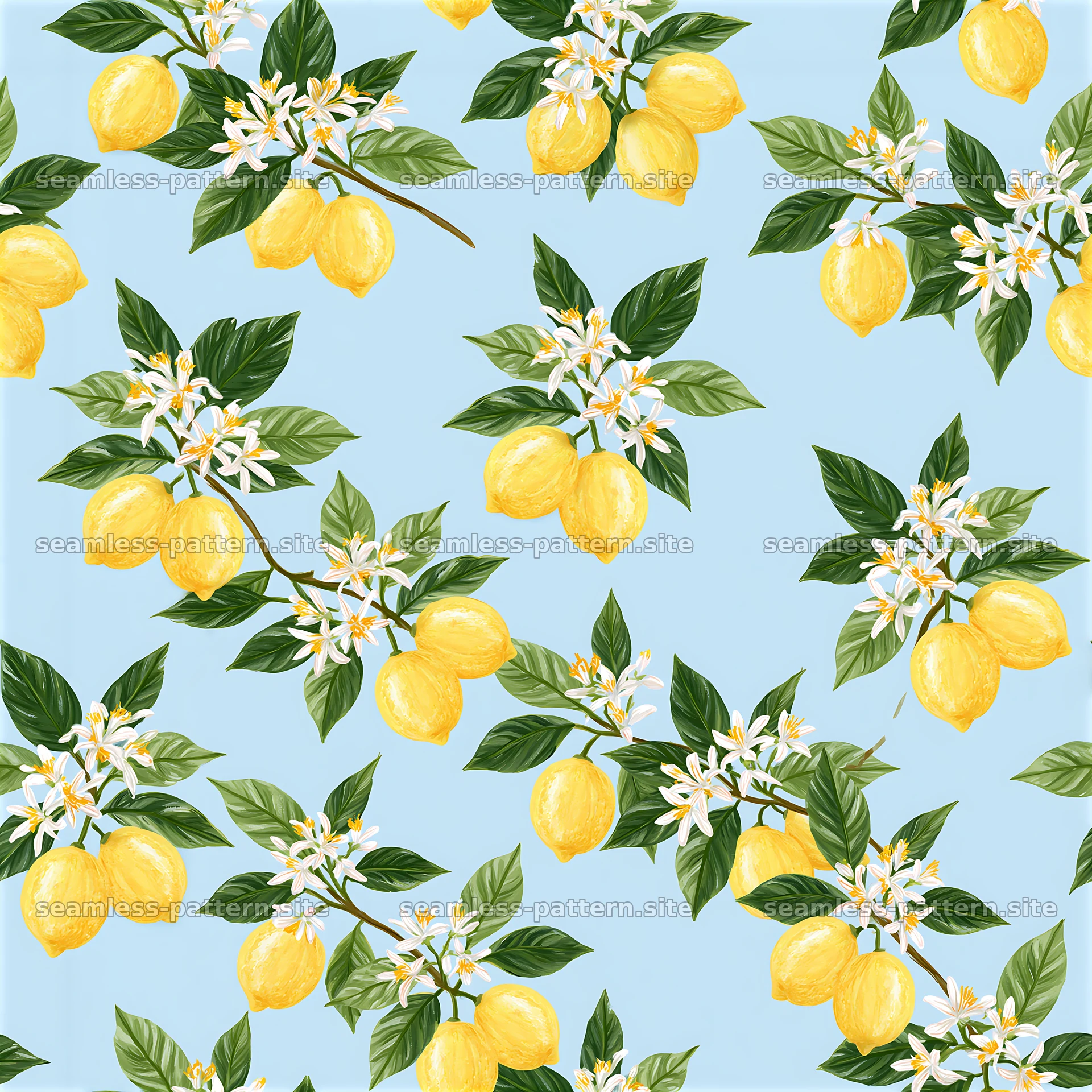 Cute lemon seamless pattern with yellow lemons and green leaves — seamless tileable pattern at 8192x8192