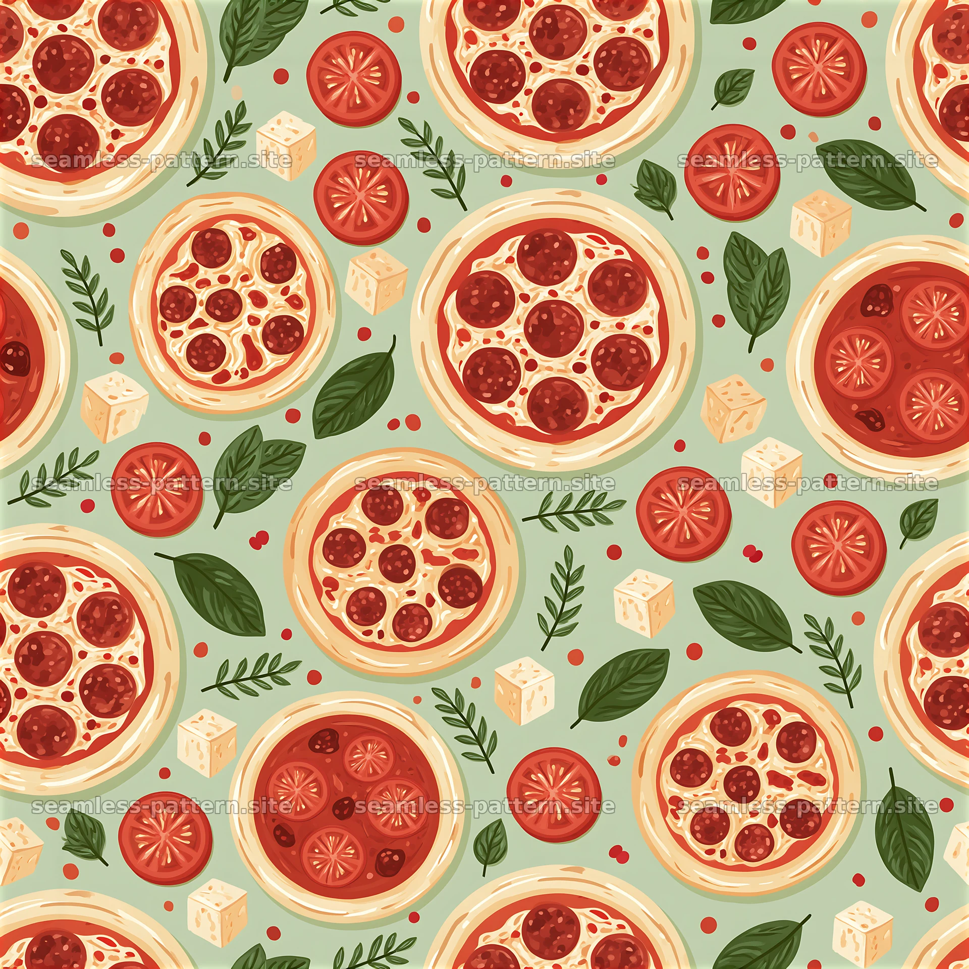 Seamless pizzeria food pattern with pizza, tomatoes, and herbs — seamless tileable pattern at 8192x8192