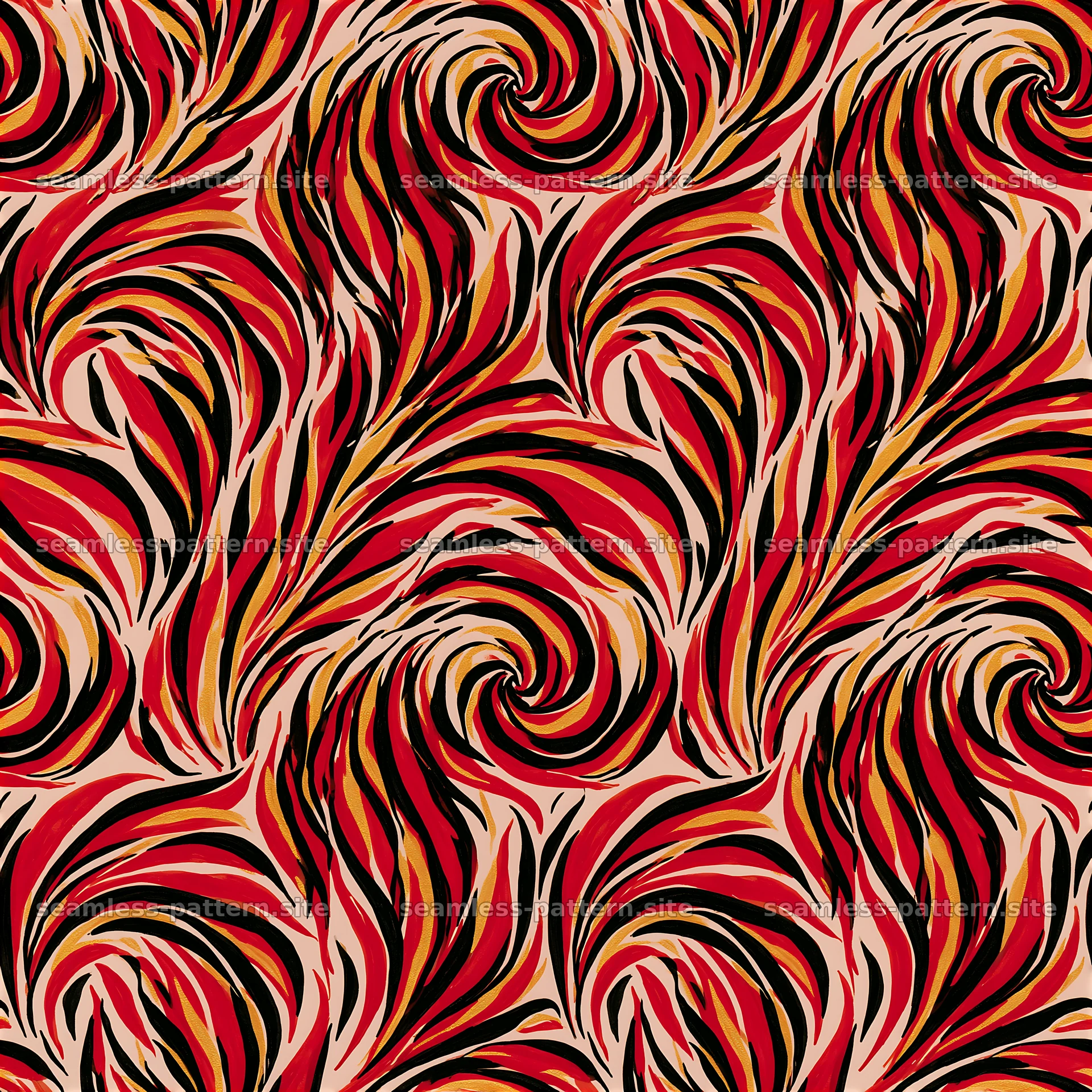 Red Black and Gold Petal Swirl Seamless Pattern — seamless tileable pattern at 8192x8192