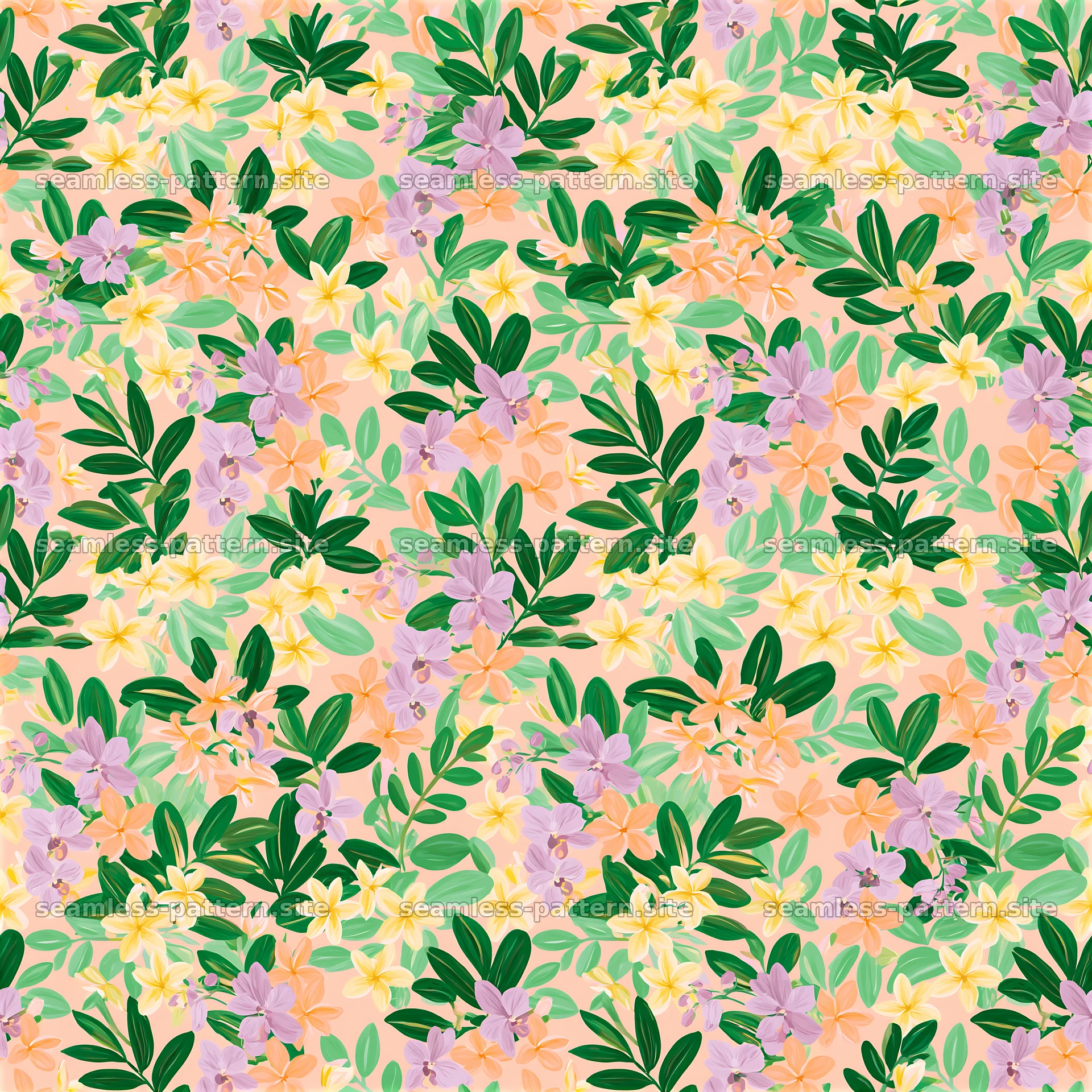 Tropical floral repeat pattern with green leaves and pastel flowers — seamless tileable pattern at 8192x8192