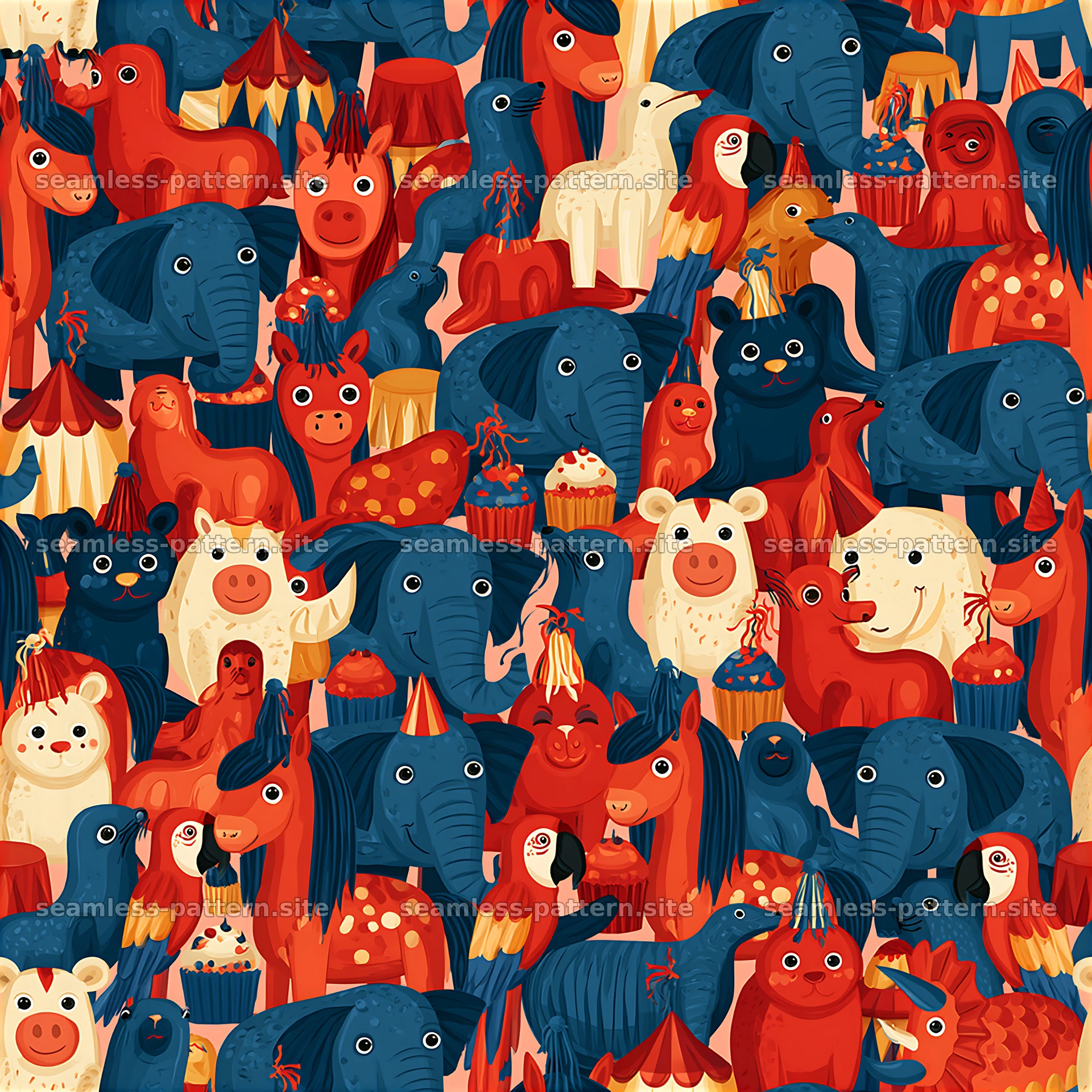 Colorful animals celebrating with party hats in a seamless design — seamless tileable pattern at 8192x8192