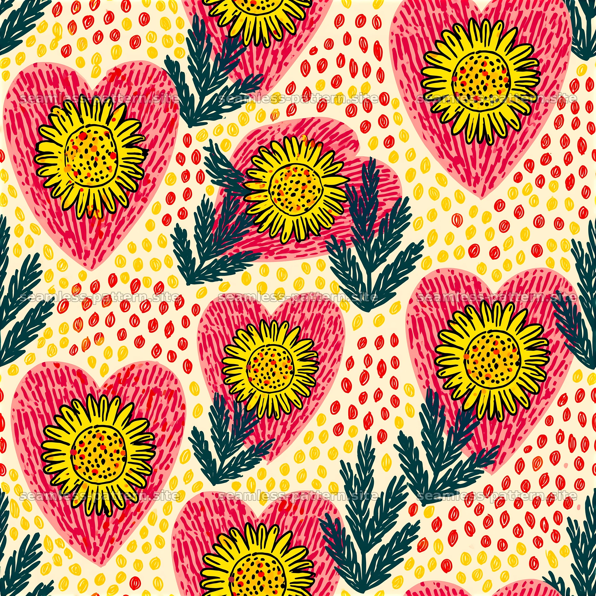 Colorful hearts and flowers seamless pattern design — seamless tileable pattern at 8192x8192