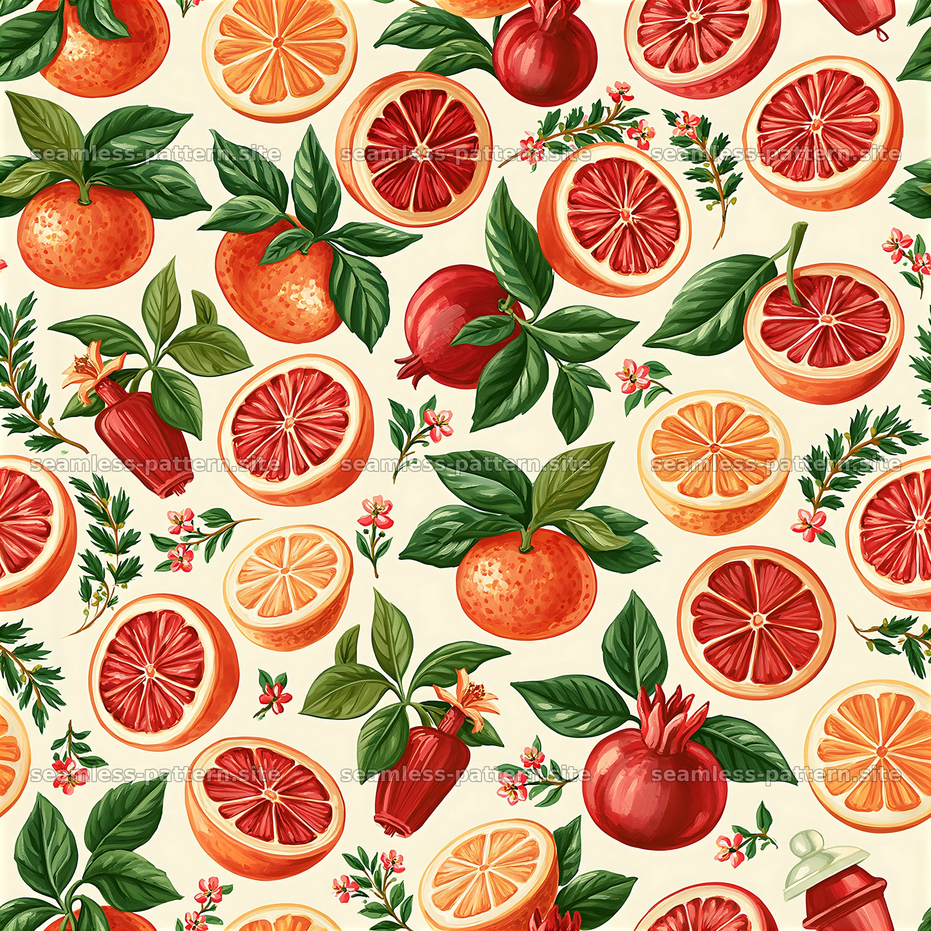 Colorful fruit seamless pattern with oranges and pomegranates — seamless tileable pattern at 8192x8192
