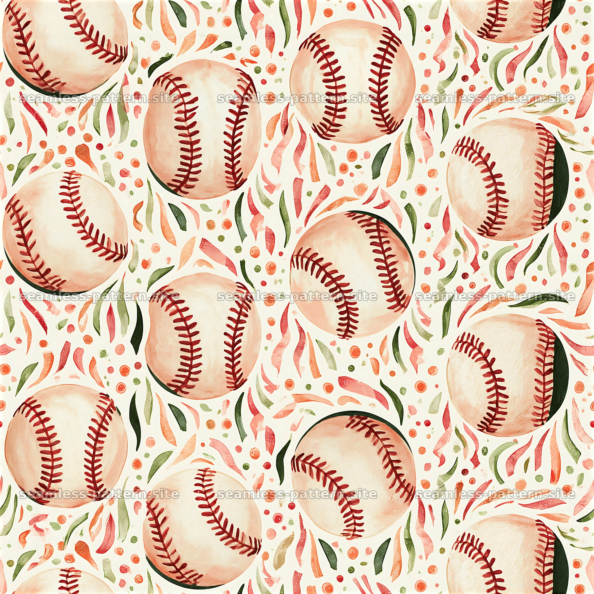Baseball seamless pattern with floral motifs and light colors — seamless tileable pattern at 8192x8192