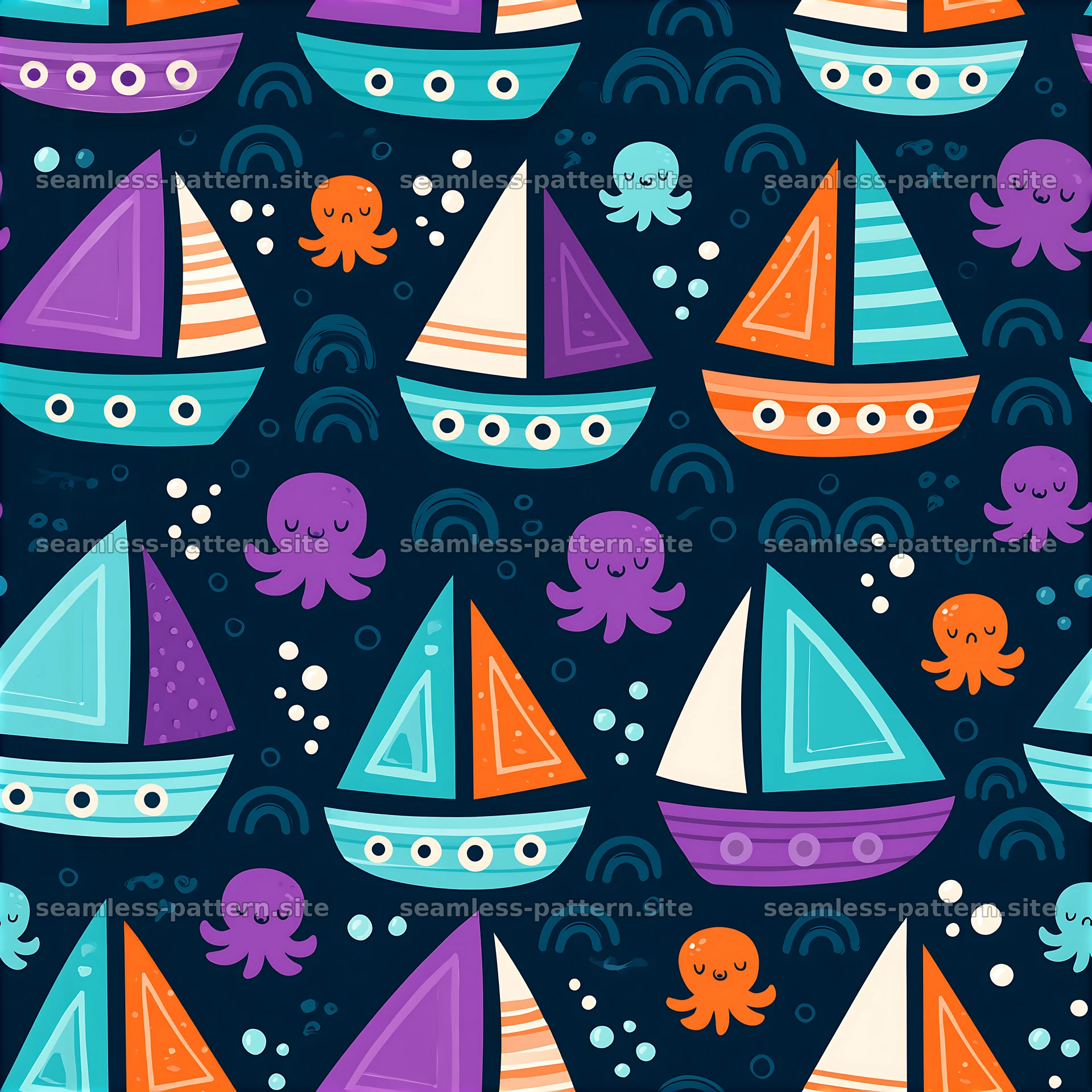 Cute sailboat seamless pattern for kids with octopus and waves — seamless tileable pattern at 8192x8192