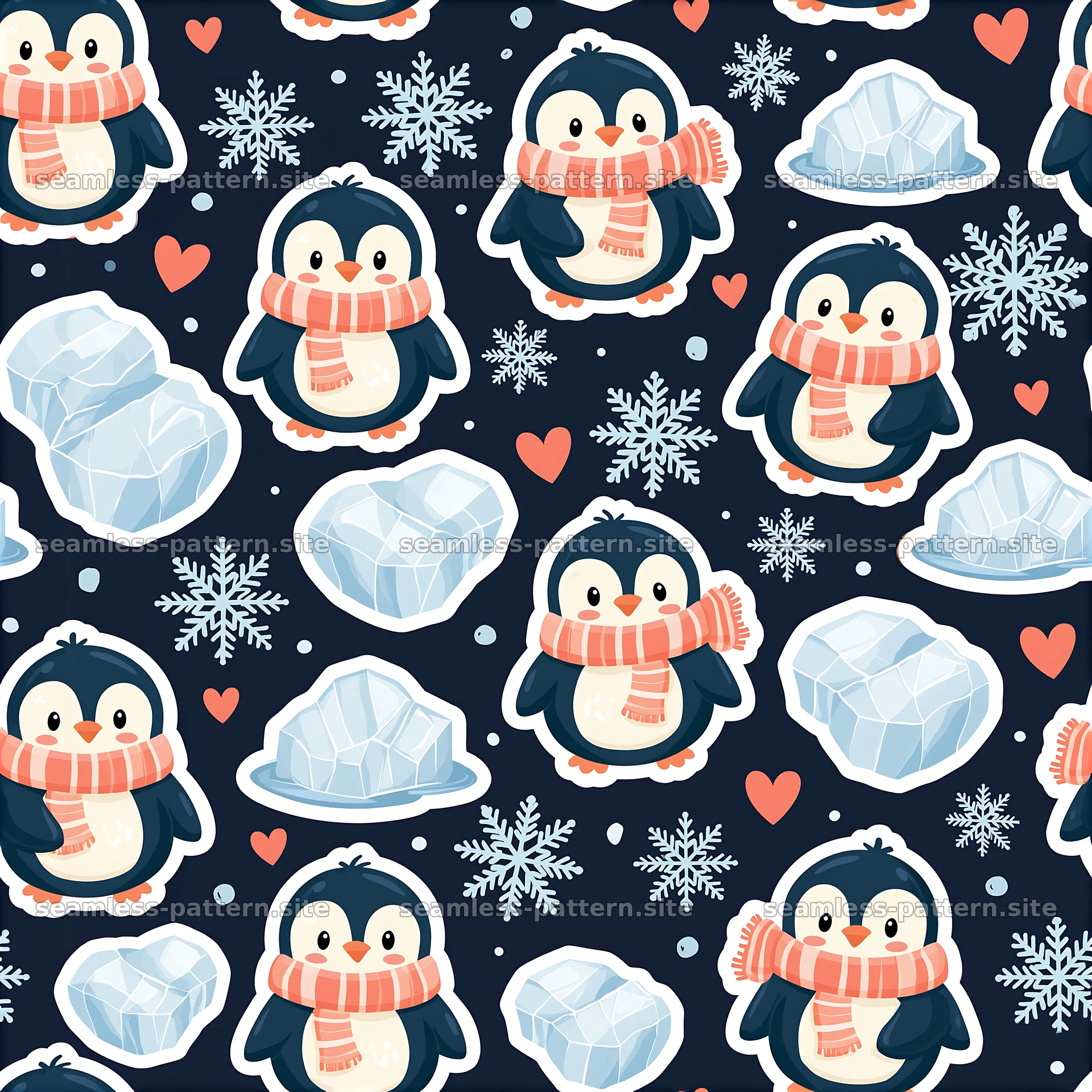 Cute charming sticker-style seamless pattern with penguins and ice — seamless tileable pattern at 8192x8192