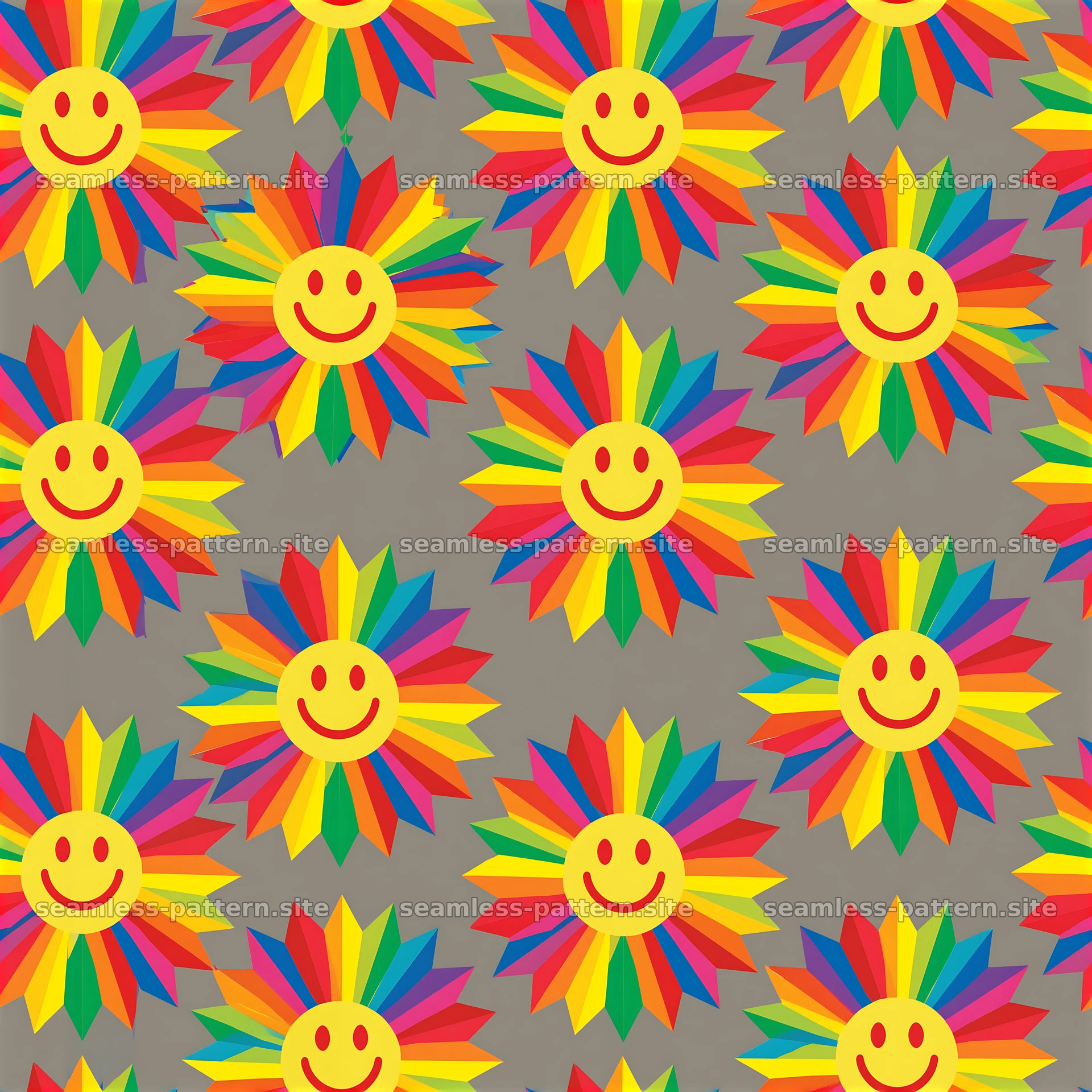 Rainbow Smiley Sunflower Seamless Pattern on Gray — seamless tileable pattern at 8192x8192