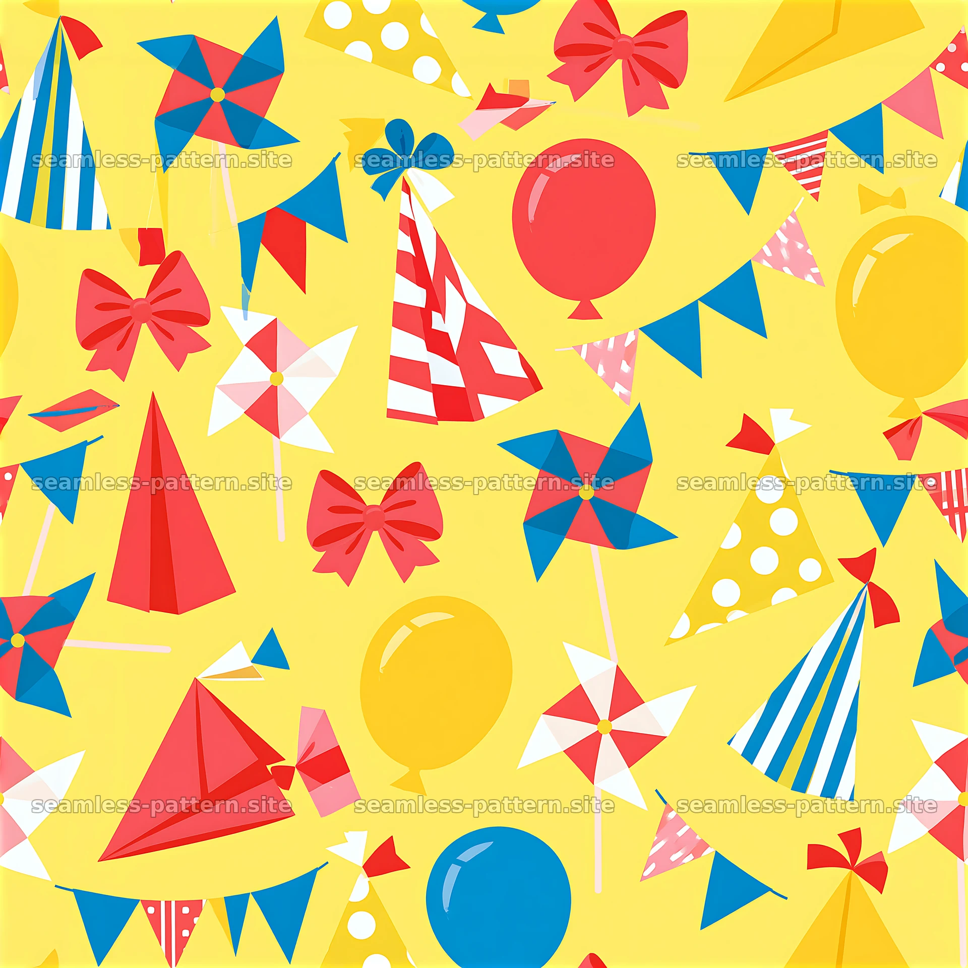 Birthday wrapping paper repeat pattern with colorful party elements — seamless tileable pattern at 8192x8192