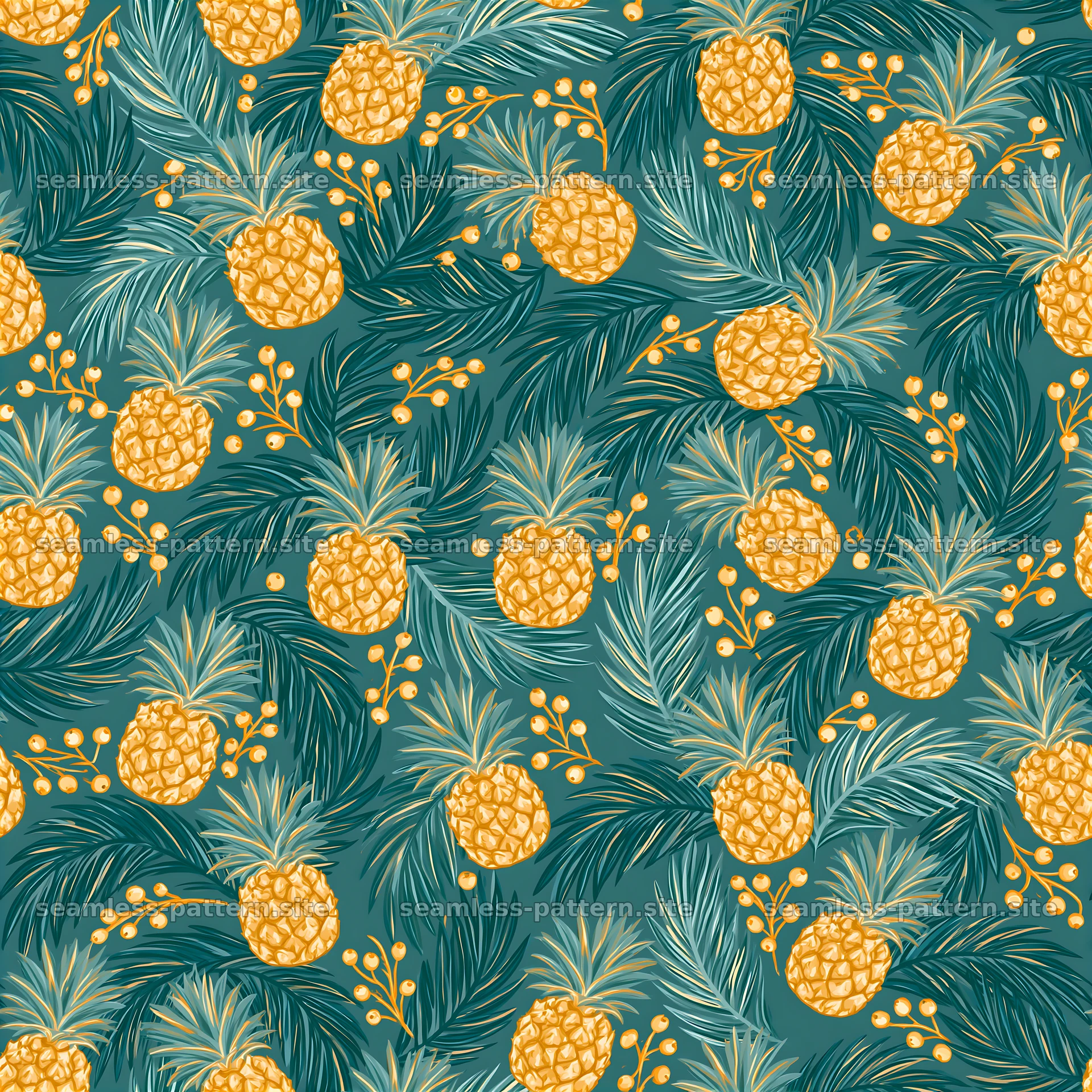 Colorful pineapple and leafy seamless pattern on teal background — seamless tileable pattern at 8192x8192