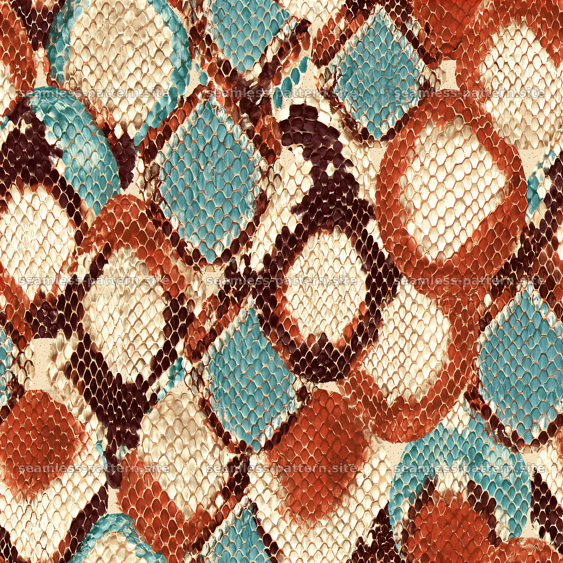 Seamless bohemian snake skin repeat pattern with bright colors — seamless tileable pattern at 8192x8192