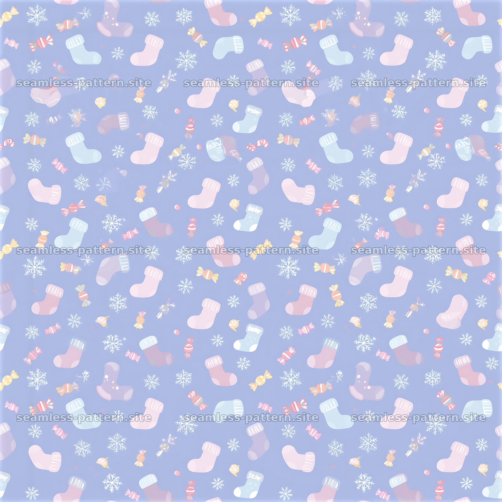 Pastel Christmas Stockings, Candy and Snowflakes Pattern — seamless tileable pattern at 8192x8192