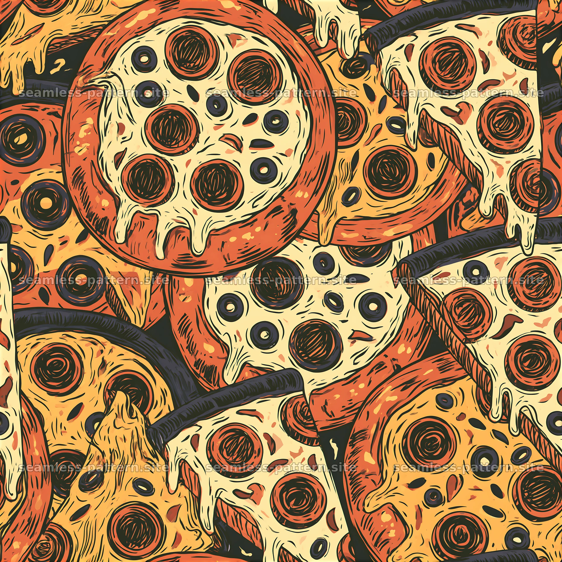 Seamless sketch pizza pattern with pepperoni and olives — seamless tileable pattern at 8192x8192