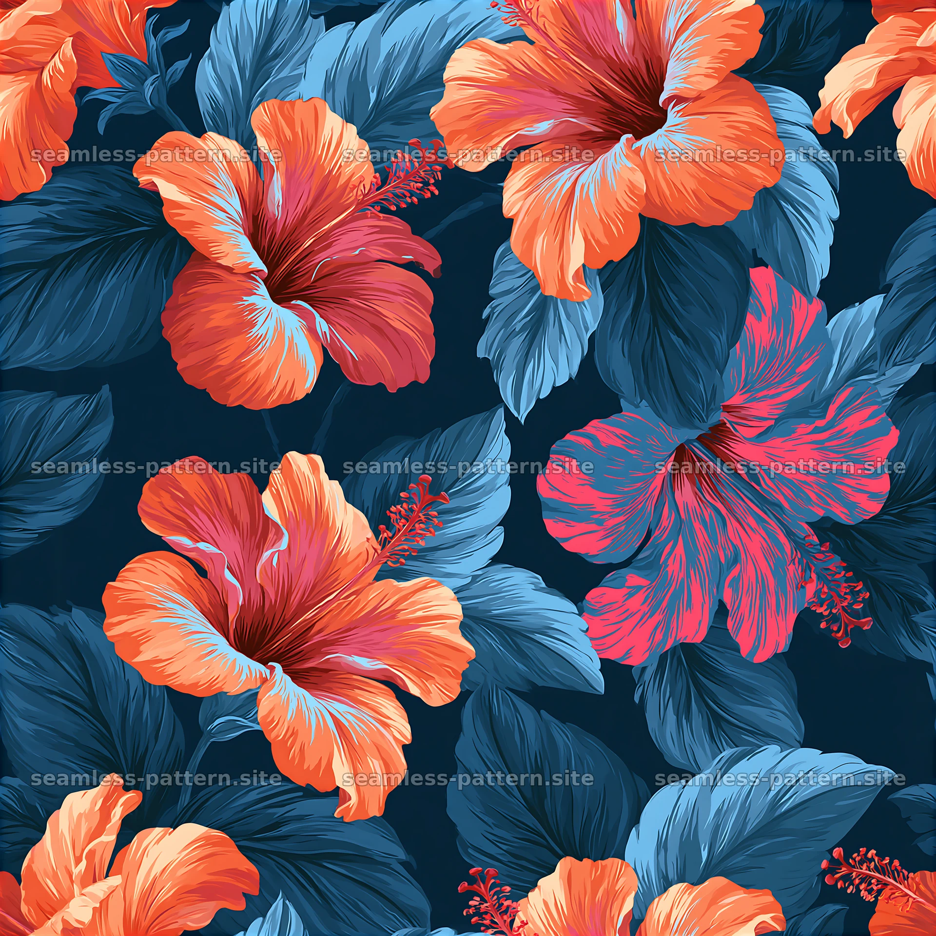 Vibrant hibiscus seamless pattern with blue leaves on a dark background — seamless tileable pattern at 8192x8192