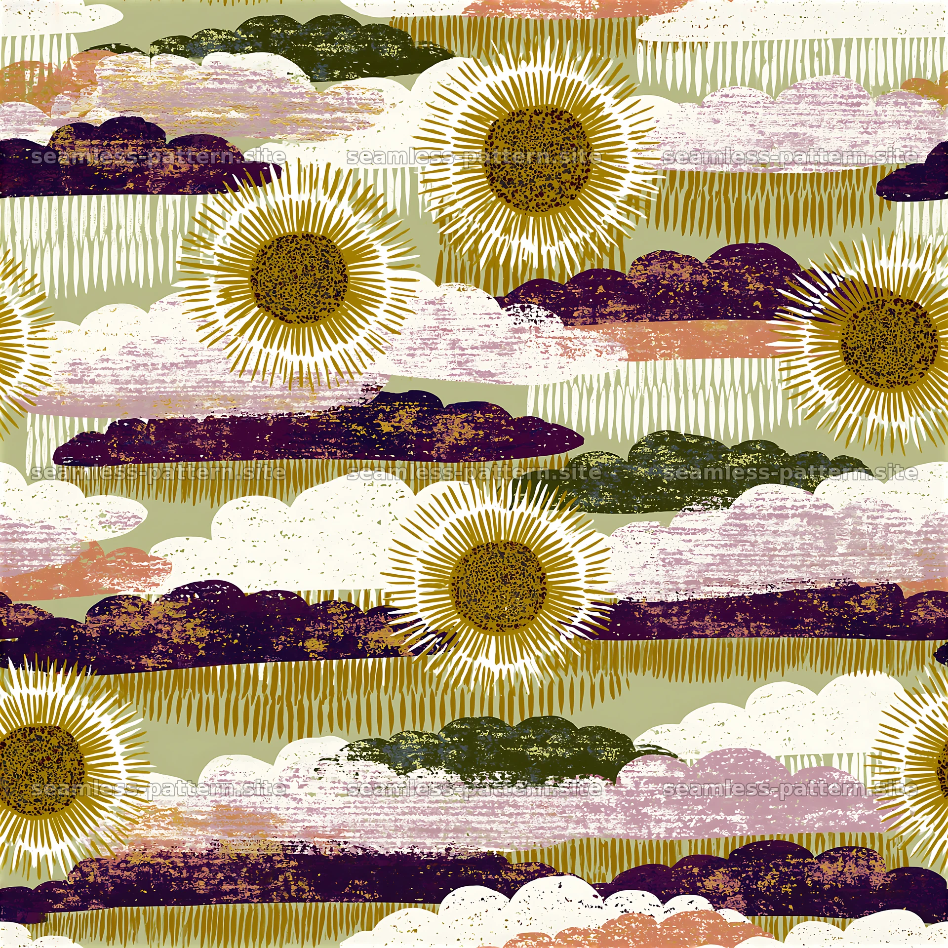 Sun and cloud folk art seamless pattern — seamless tileable pattern at 8192x8192