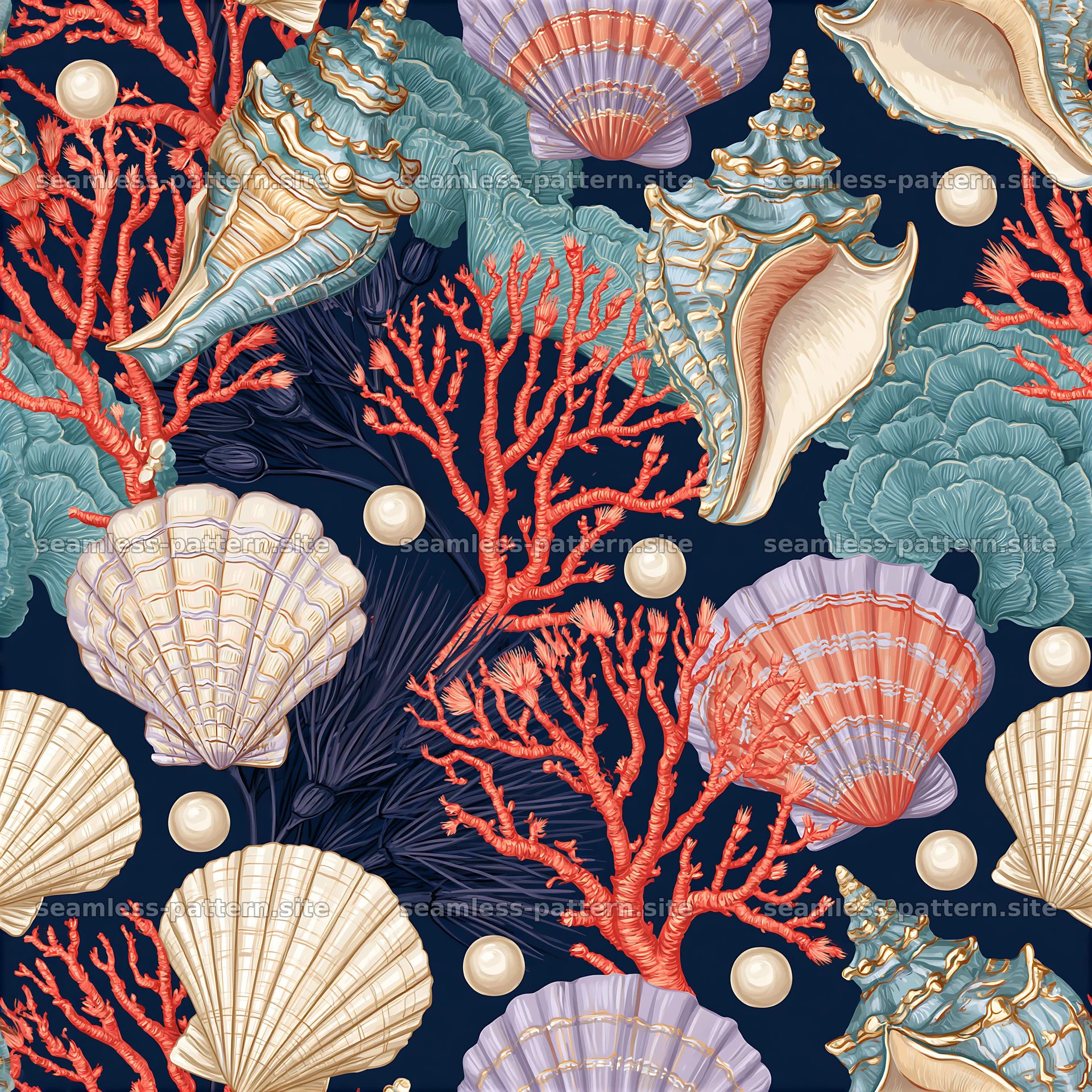 Colorful gouache seamless pattern of shells and coral on dark background — seamless tileable pattern at 8192x8192