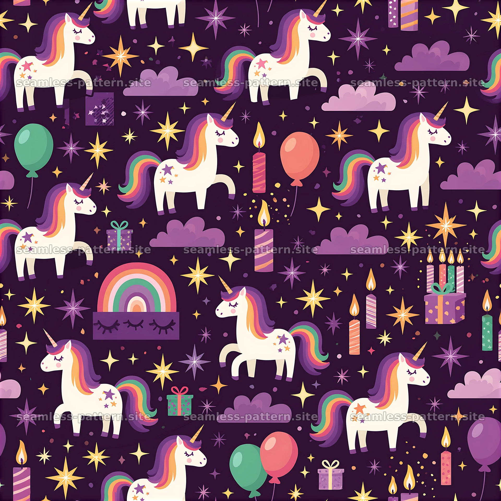 Colorful unicorns in a festive setting with balloons and gifts — seamless tileable pattern at 8192x8192