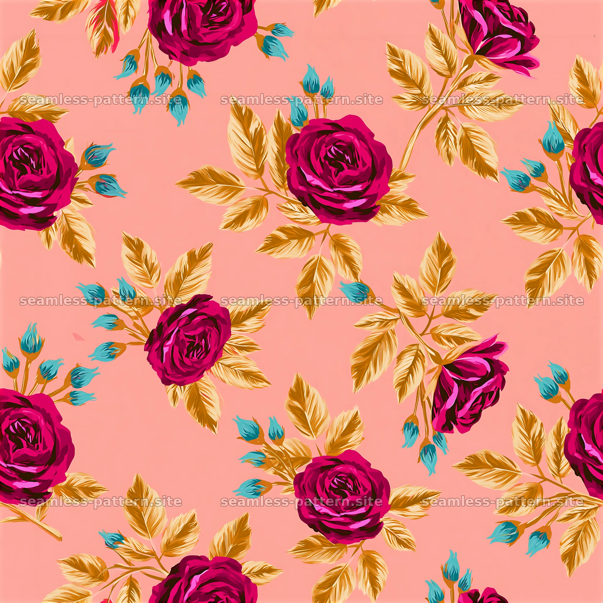 Cheerful rose seamless pattern with pink background and green leaves — seamless tileable pattern at 8192x8192