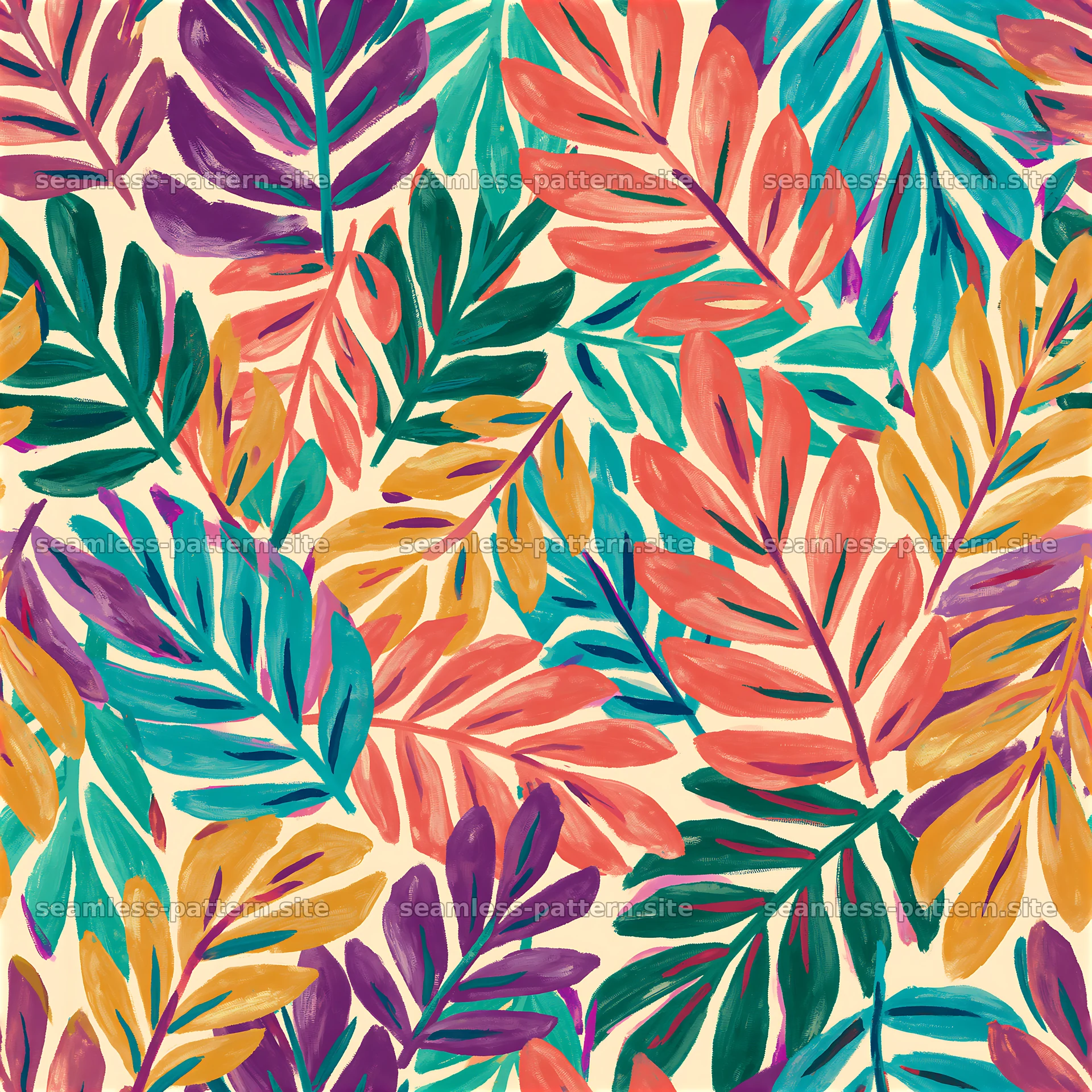 Colorful Hand-Painted Leaf Botanical Pattern — seamless tileable pattern at 8192x8192